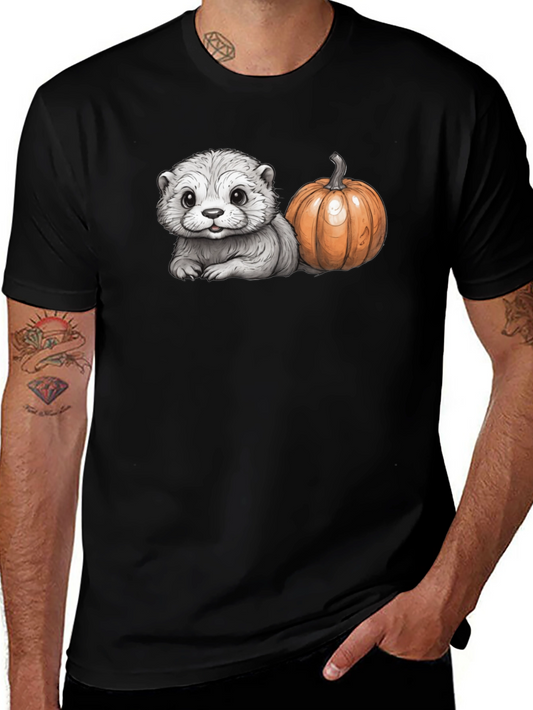 Cute Otter & Pumpkin Black T-Shirt