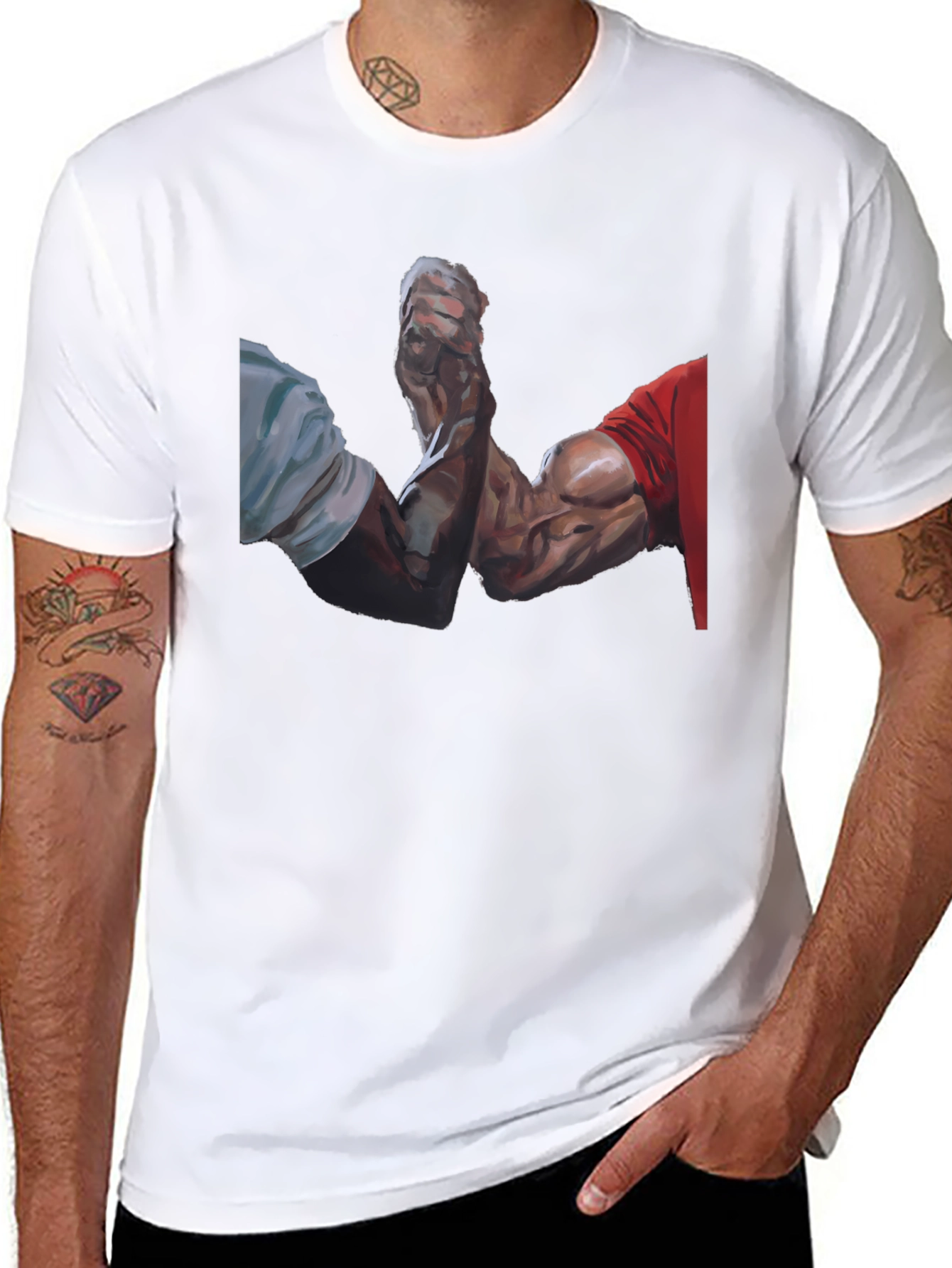 Arm Wrestle Graphic Tee - Black Cotton Casual T-Shirt