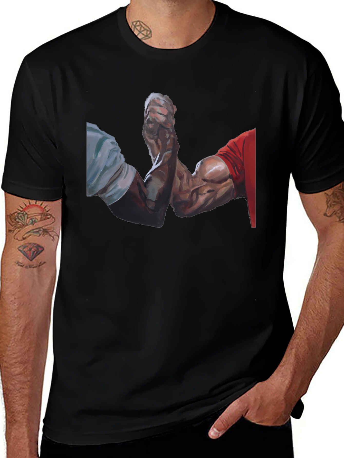 Arm Wrestle Graphic Tee - Black Cotton Casual T-Shirt