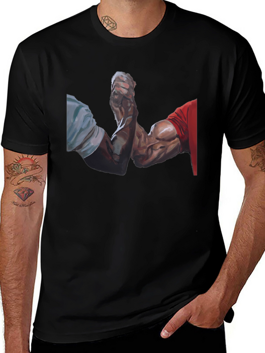 Arm Wrestle Graphic Tee - Black Cotton Casual T-Shirt