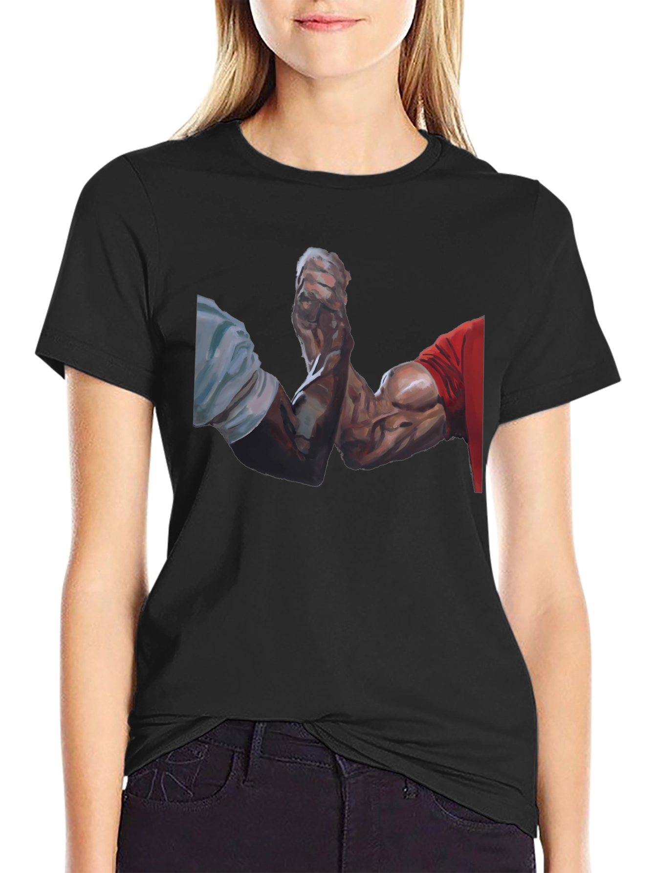 Arm Wrestle Graphic Tee - Black Cotton Casual T-Shirt