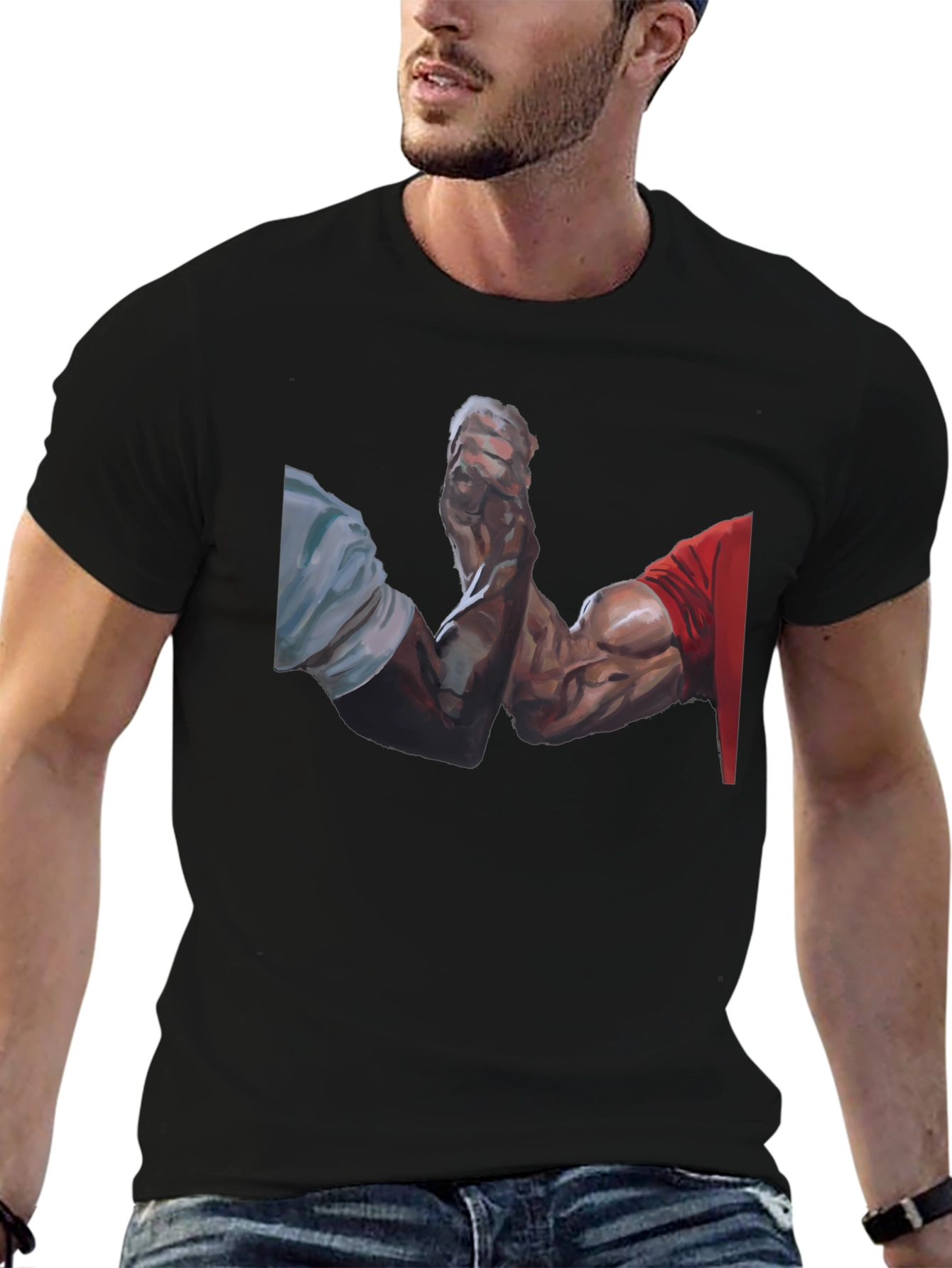 Arm Wrestle Graphic Tee - Black Cotton Casual T-Shirt