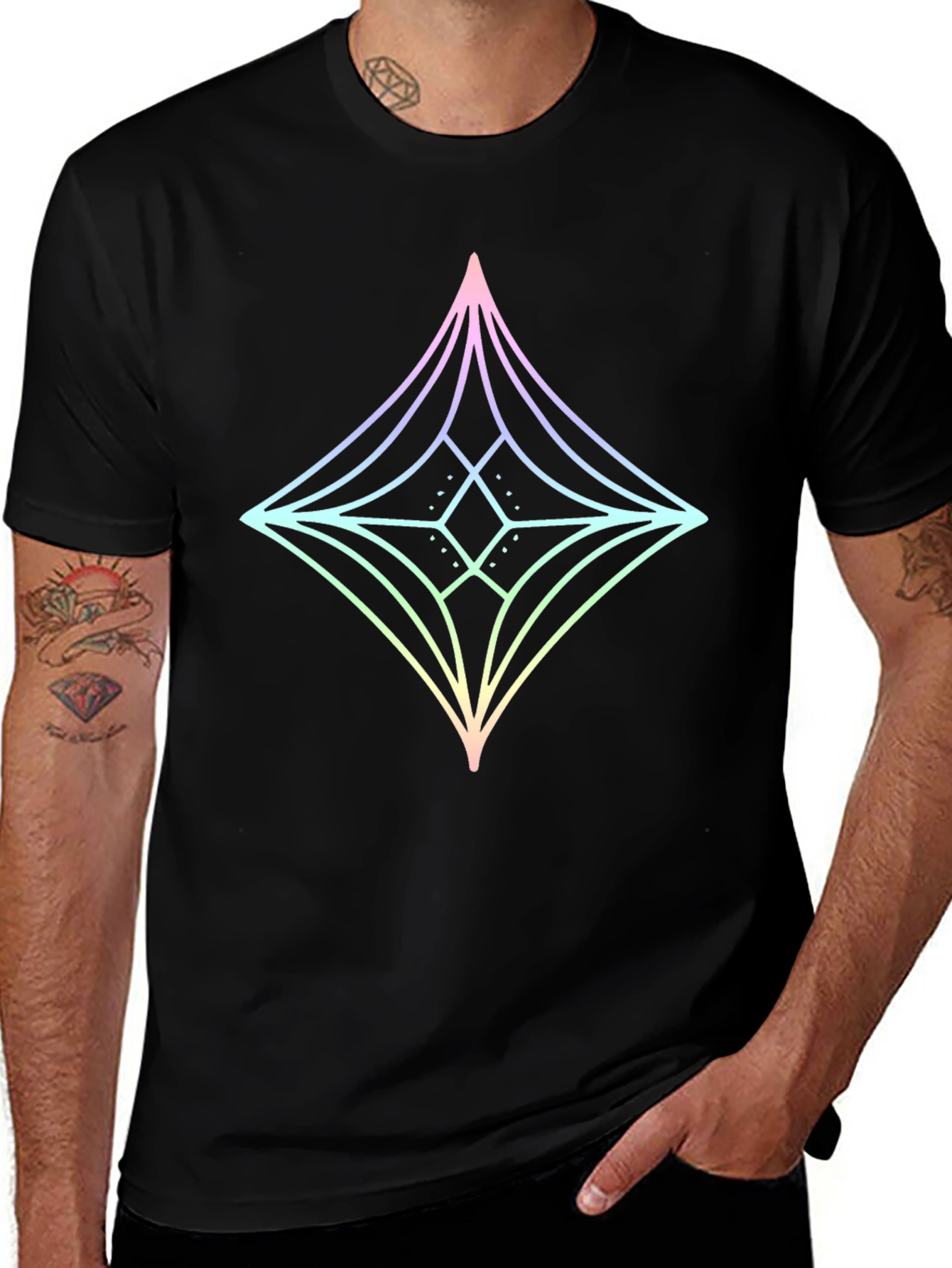 Geometric Star Graphic Tee - Mens Black Cotton T-Shirt