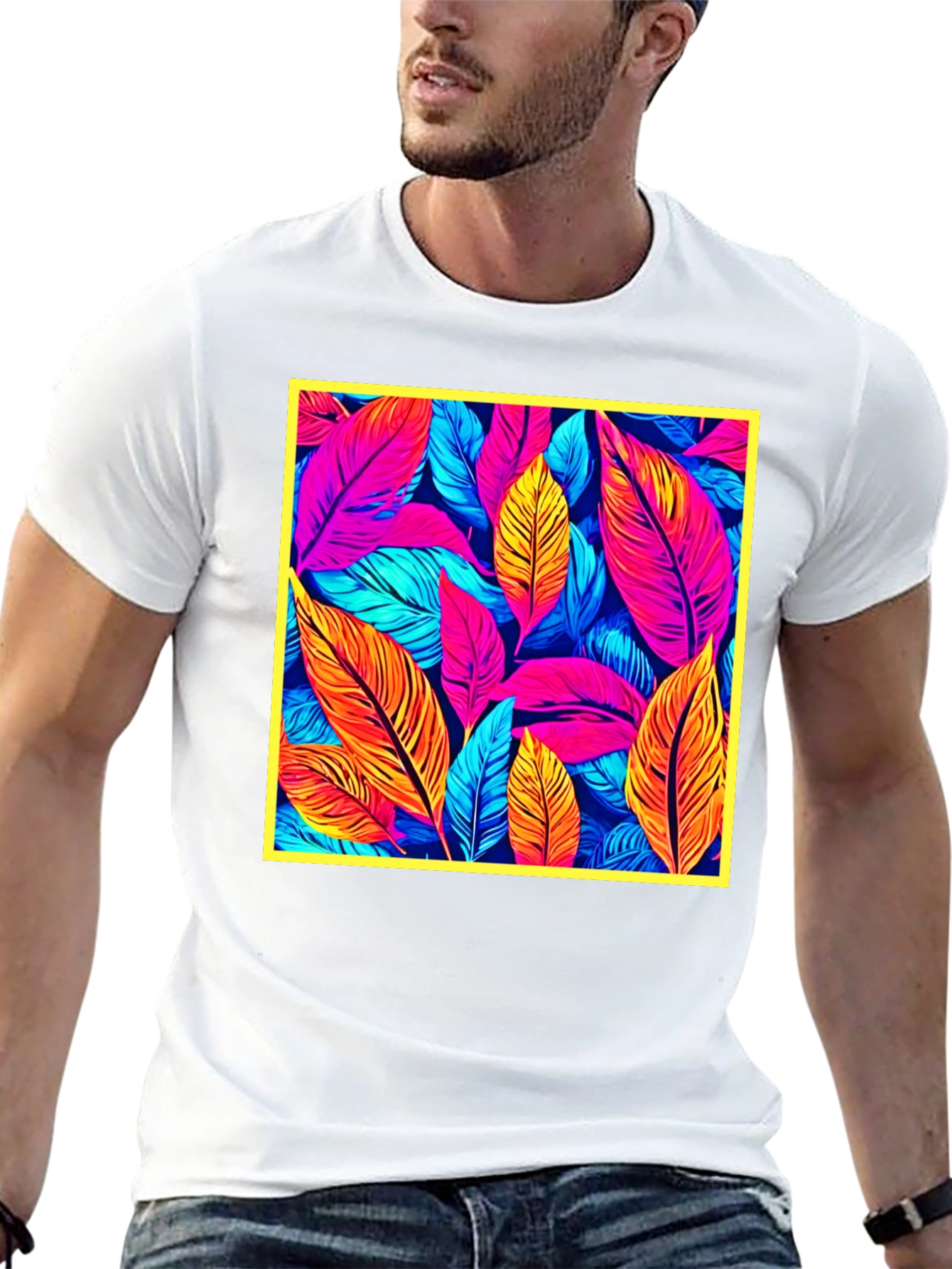 Tropical Leaf Print Black T-Shirt