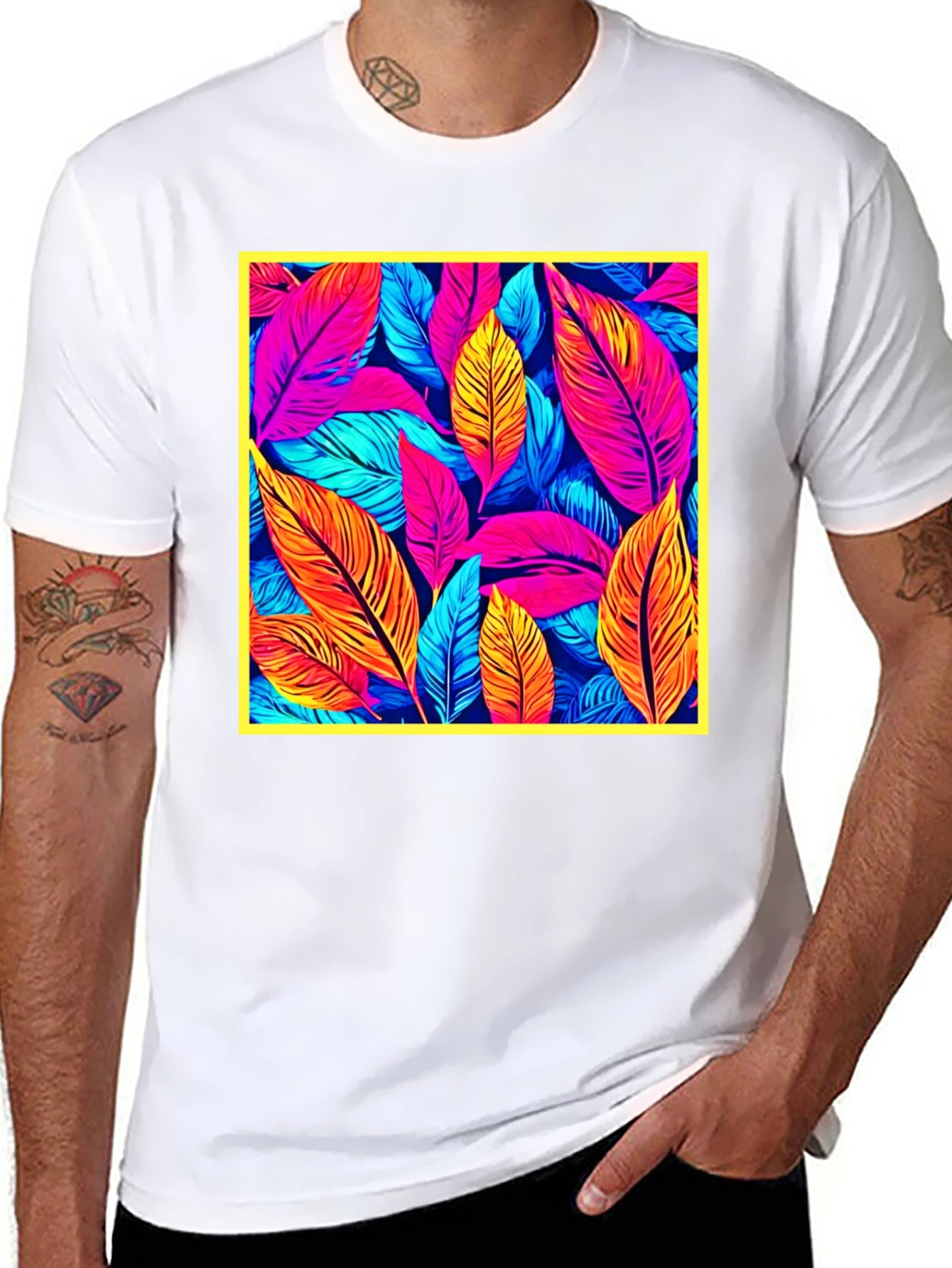 Tropical Leaf Print Black T-Shirt