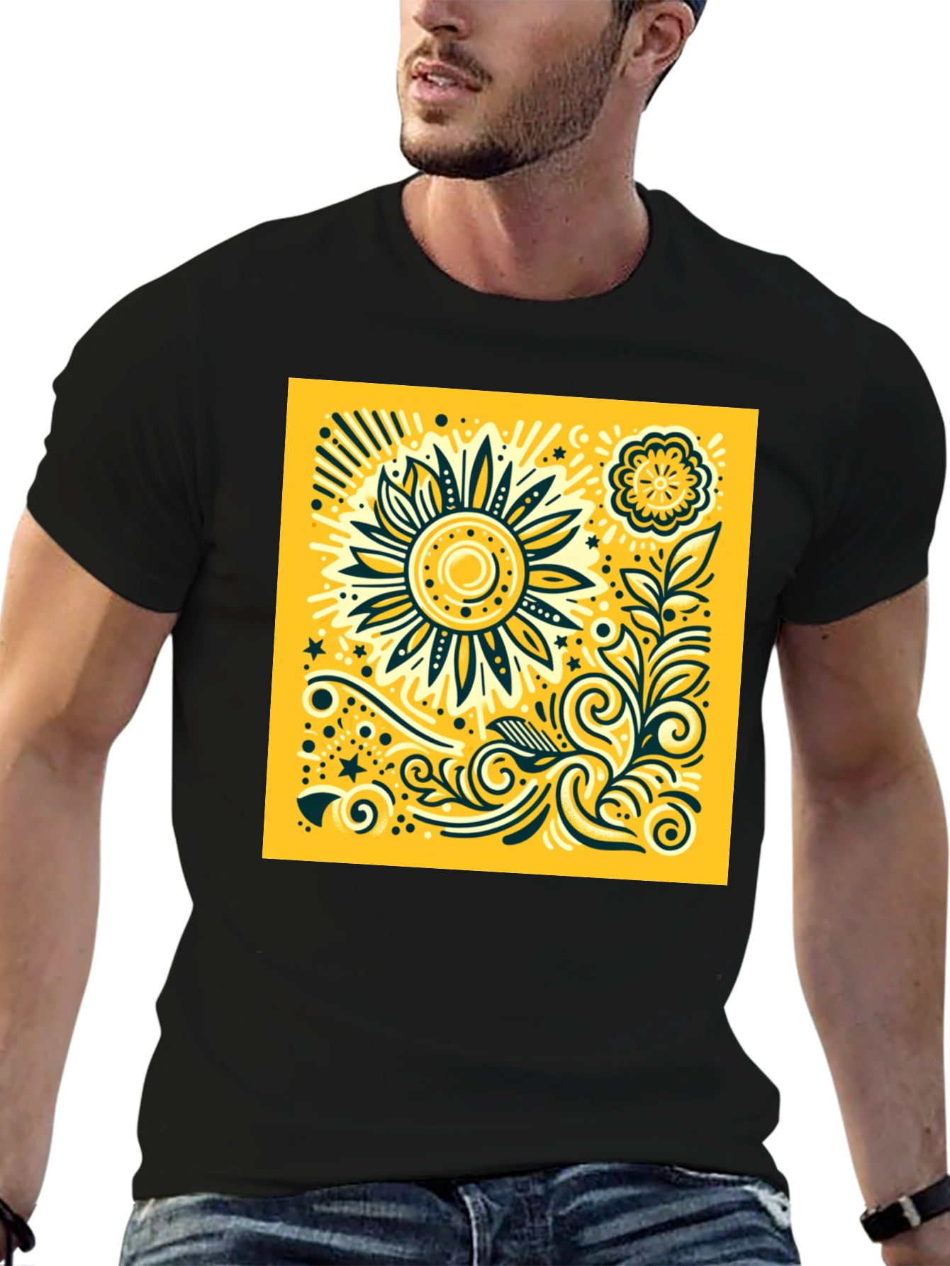 Sunflower Graphic Print Black T-Shirt