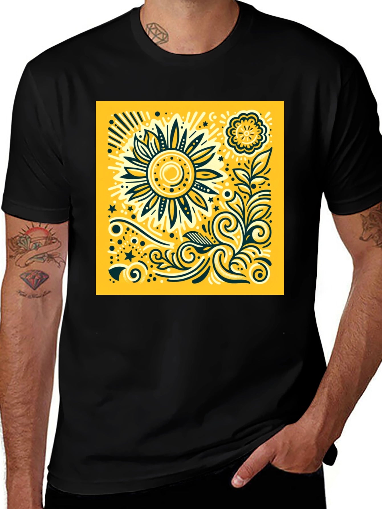 Sunflower Graphic Print Black T-Shirt