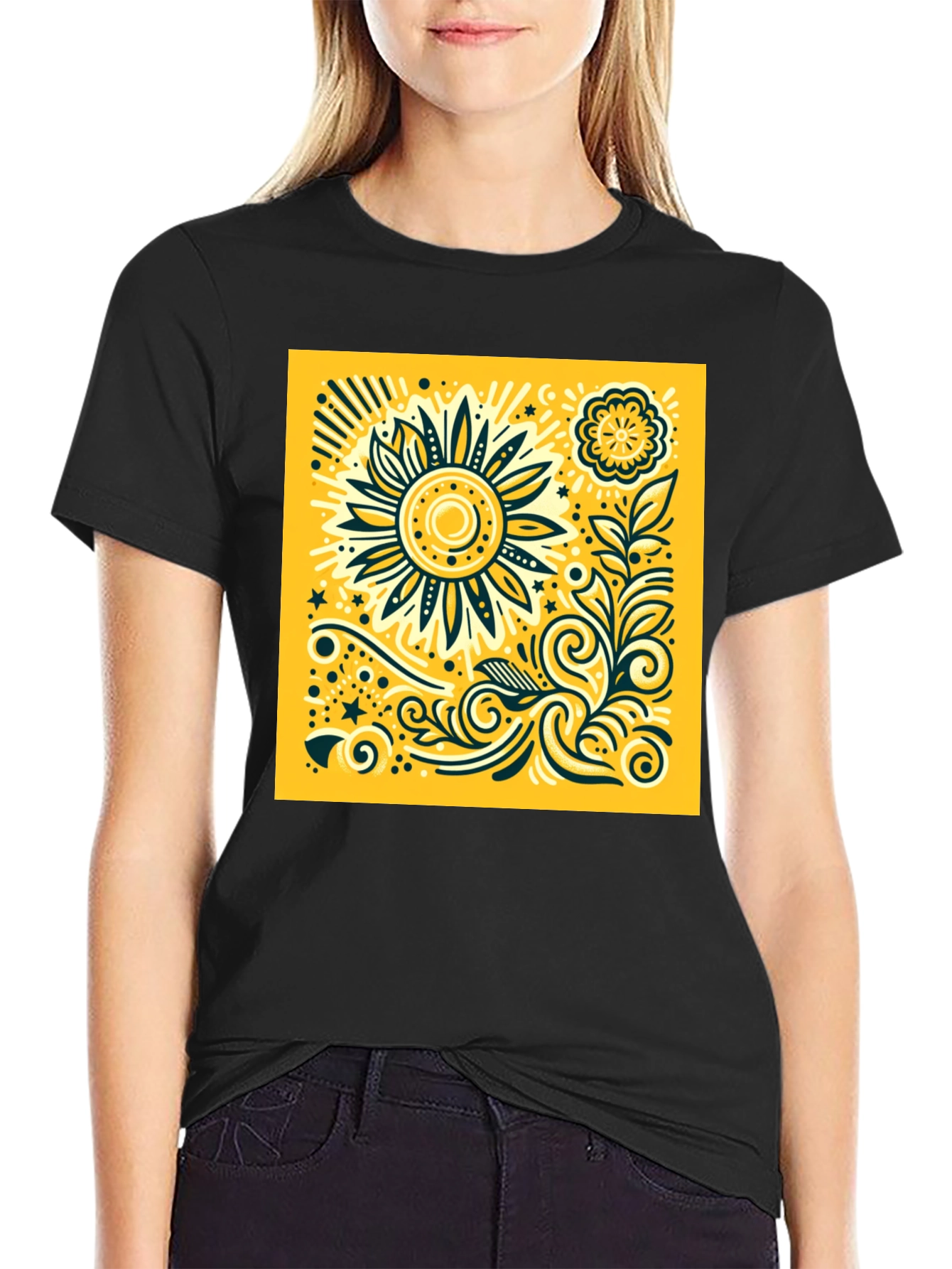 Sunflower Graphic Print Black T-Shirt