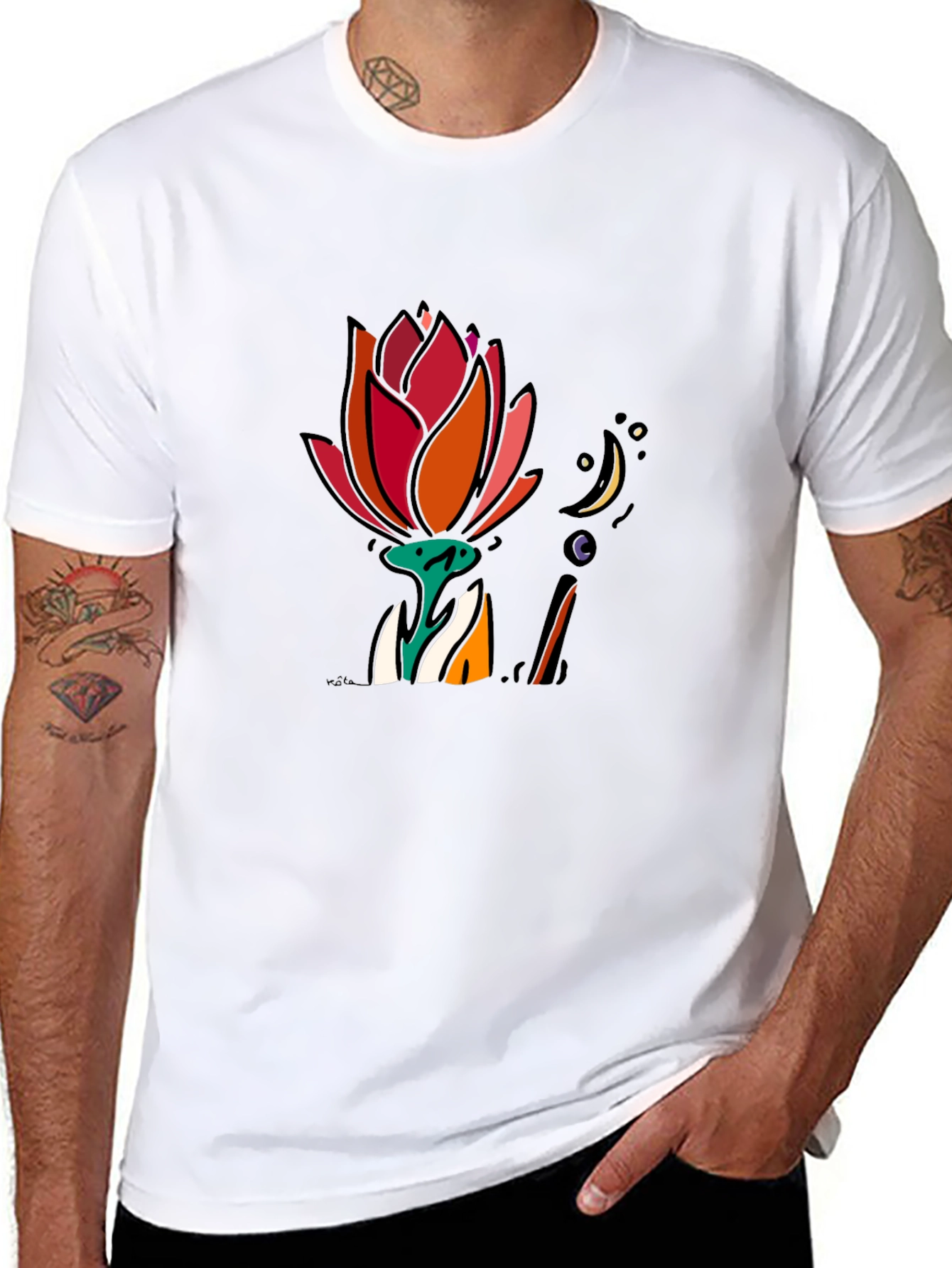 Floral Moon Graphic Tee - Black Cotton T-Shirt