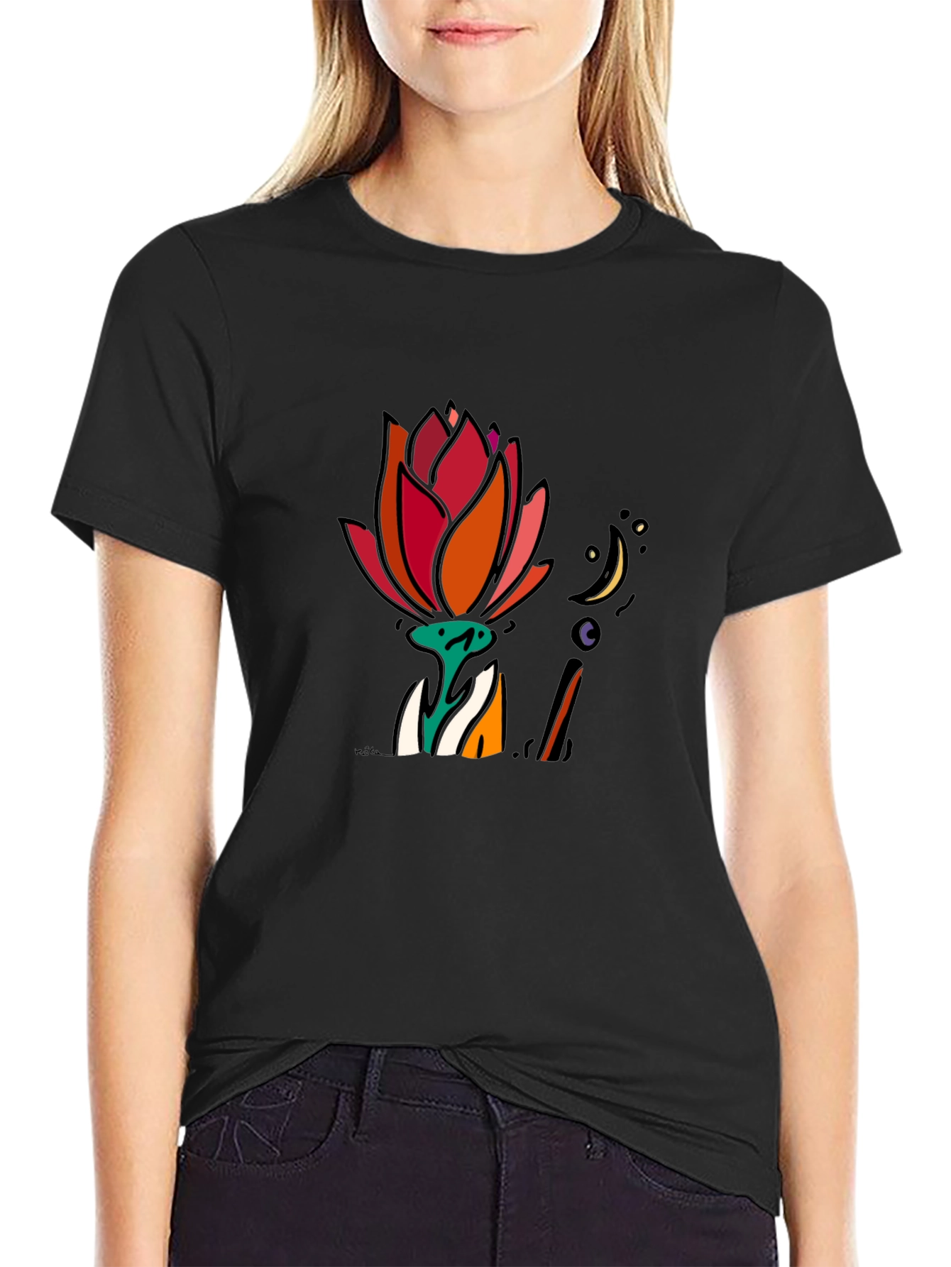 Floral Moon Graphic Tee - Black Cotton T-Shirt