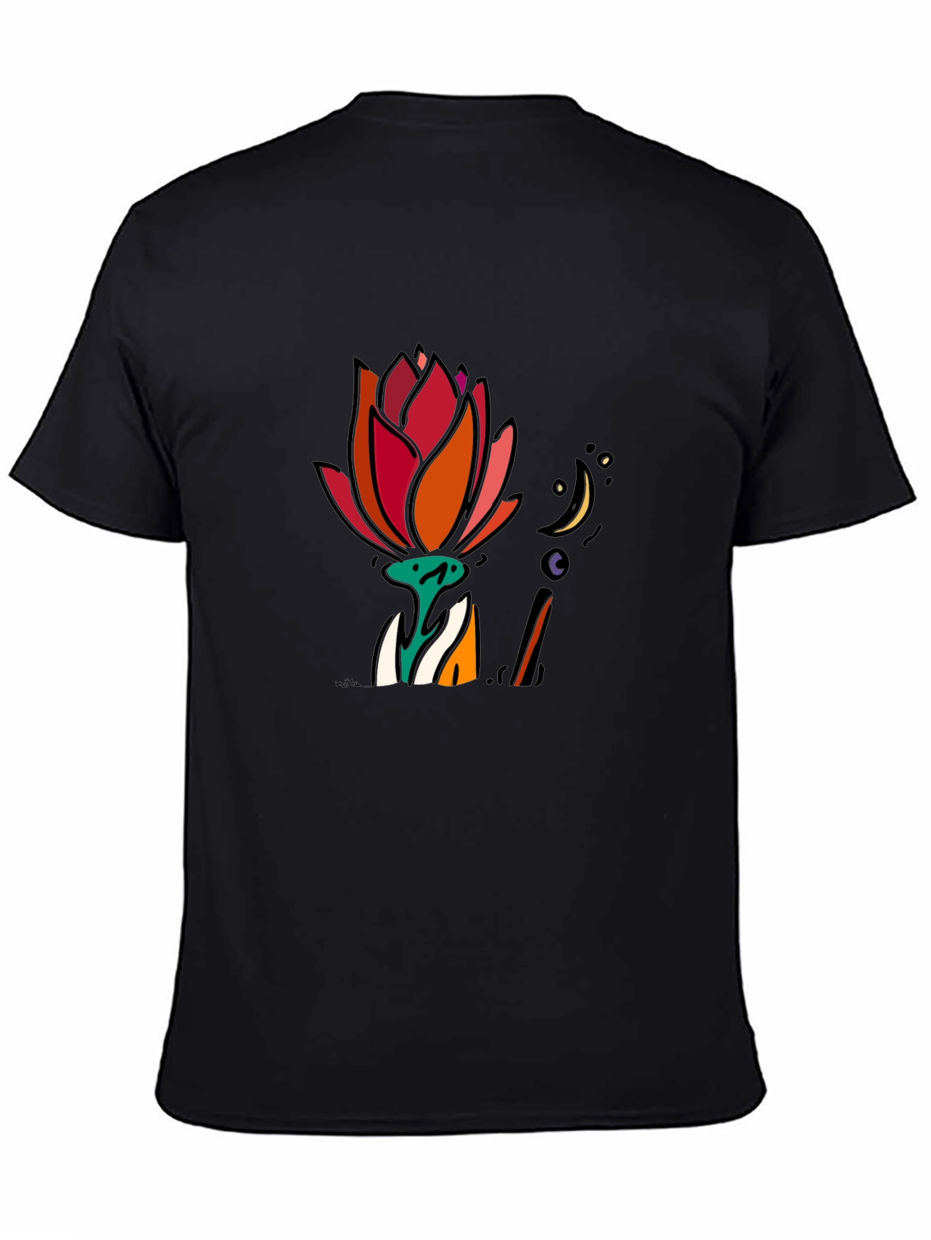 Floral Moon Graphic Tee - Black Cotton T-Shirt