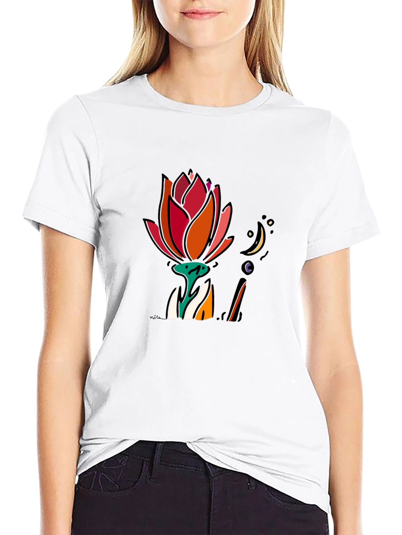 Floral Moon Graphic Tee - Black Cotton T-Shirt