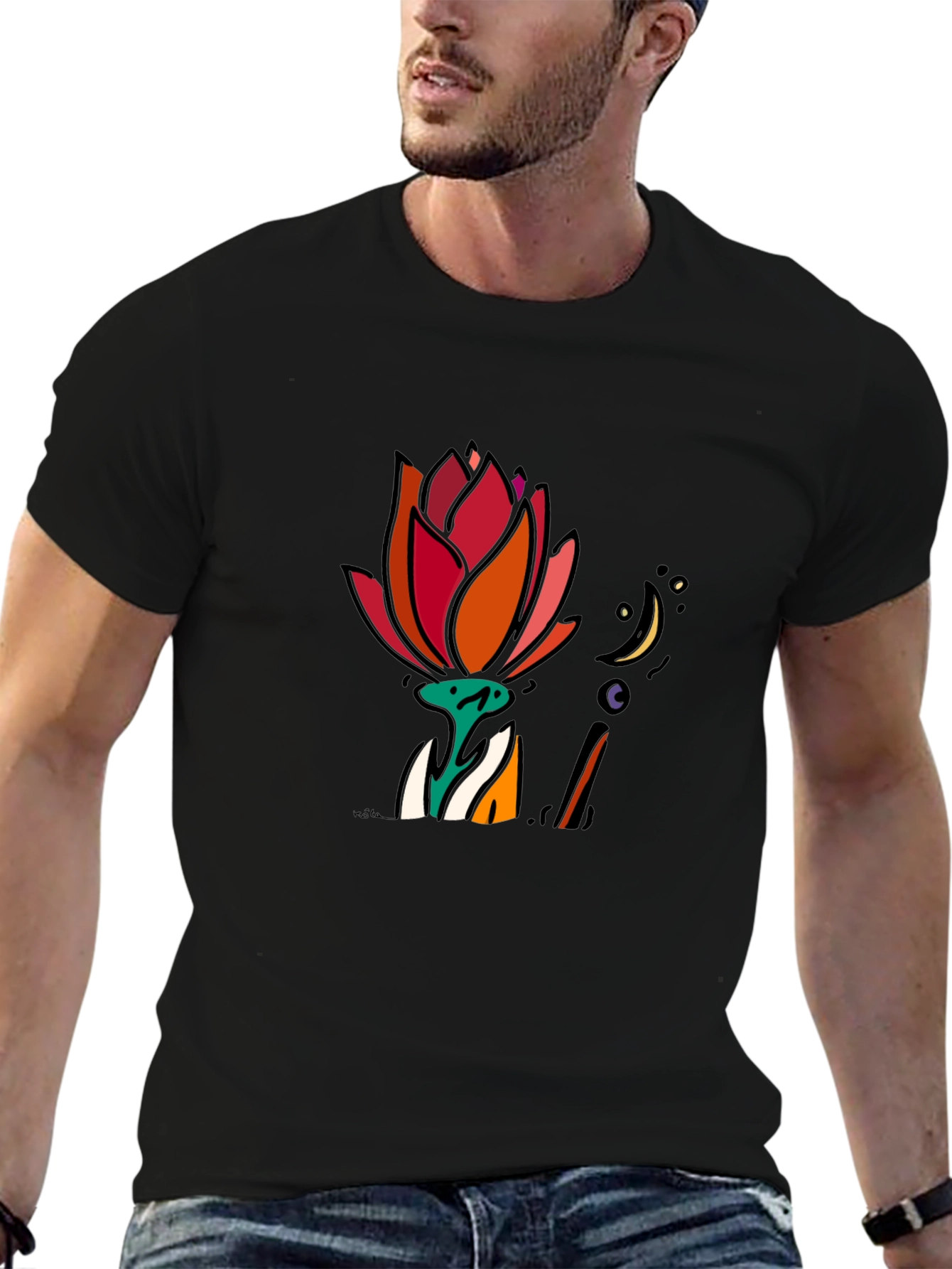Floral Moon Graphic Tee - Black Cotton T-Shirt