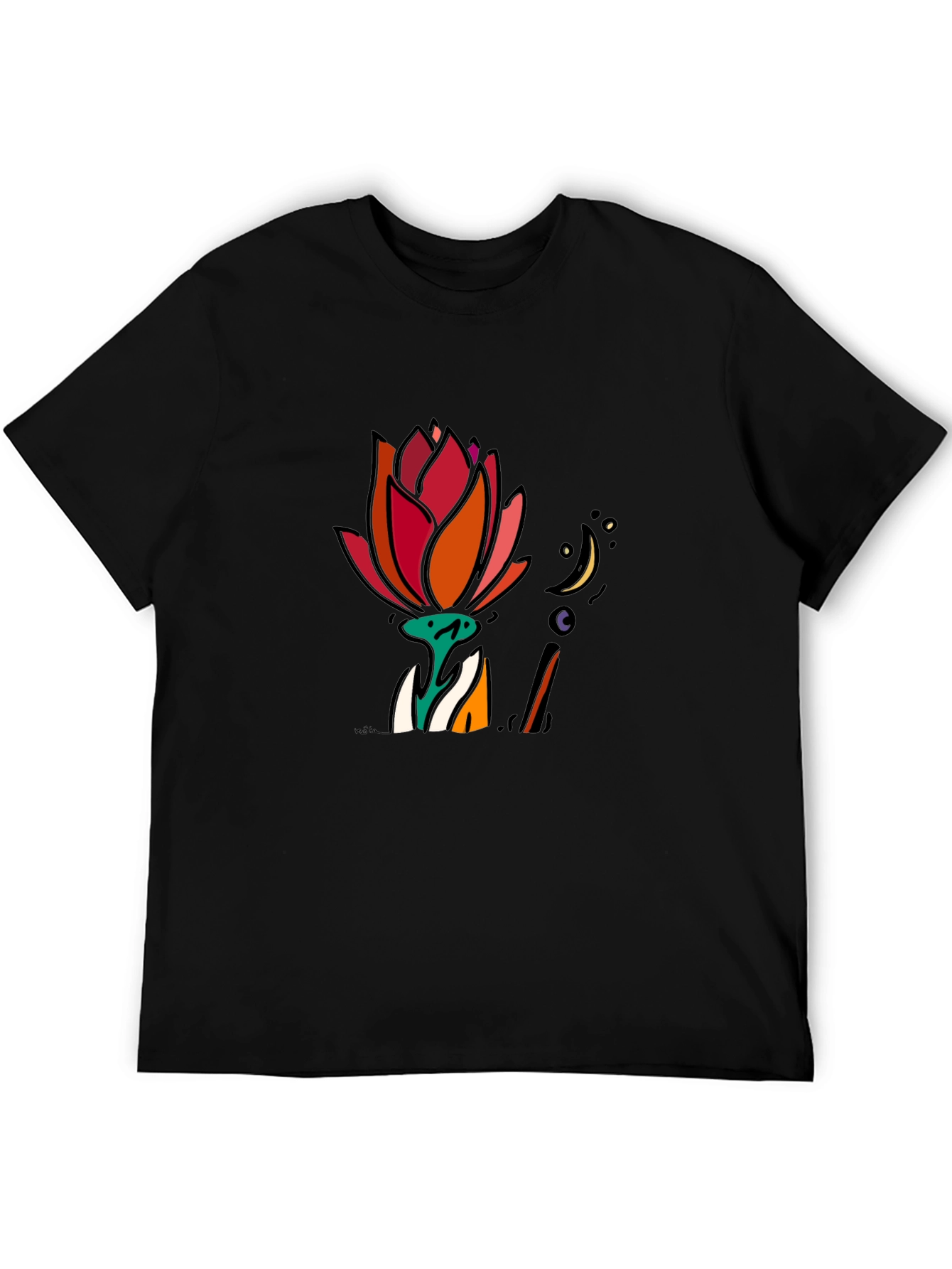 Floral Moon Graphic Tee - Black Cotton T-Shirt