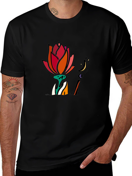 Floral Moon Graphic Tee - Black Cotton T-Shirt