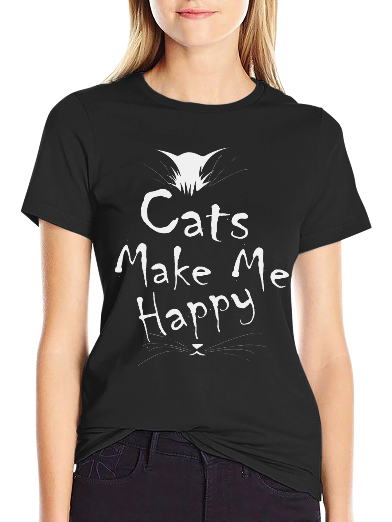 Cats Make Me Happy Graphic T-Shirt - Black