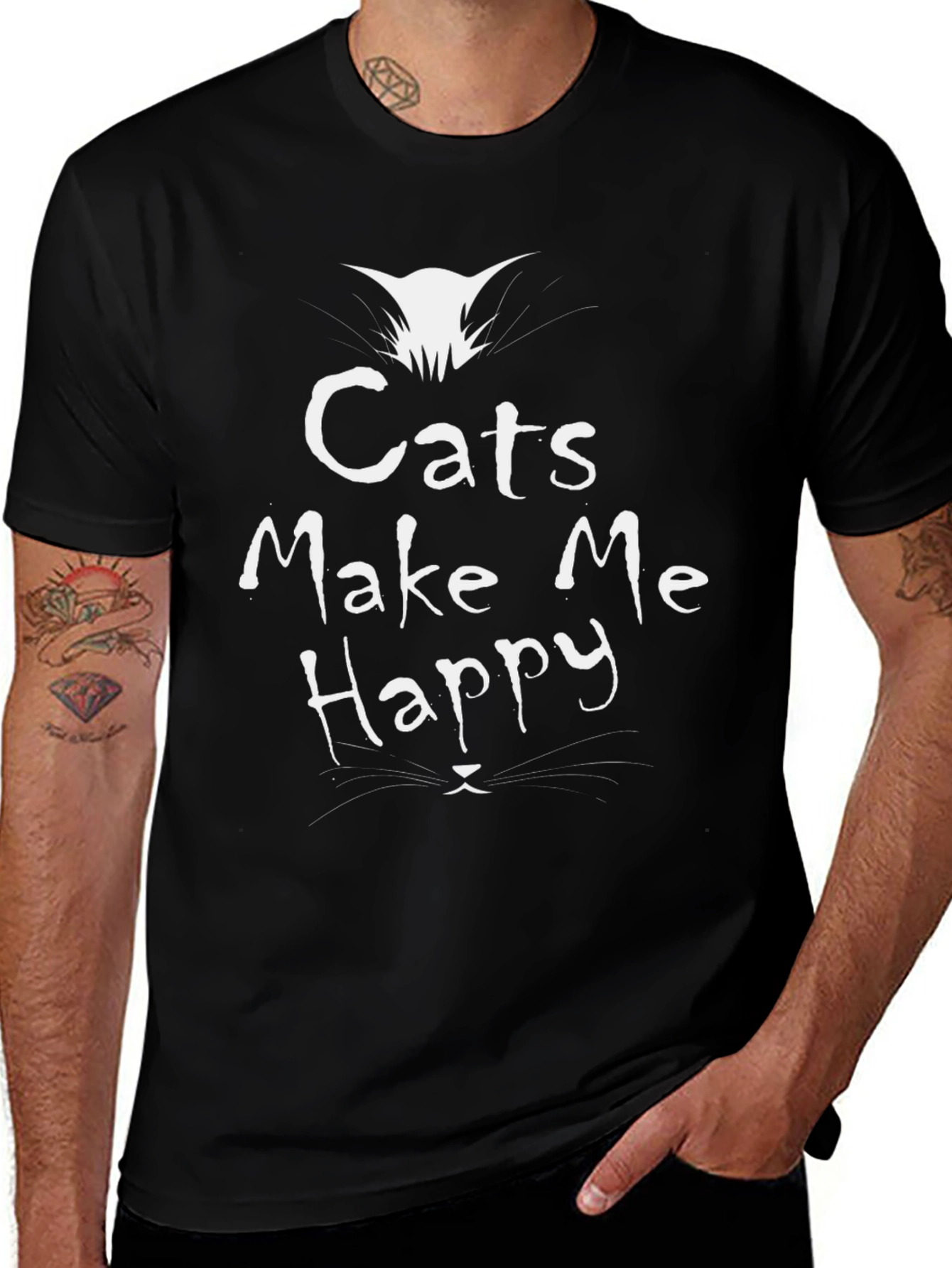 Cats Make Me Happy Graphic T-Shirt - Black