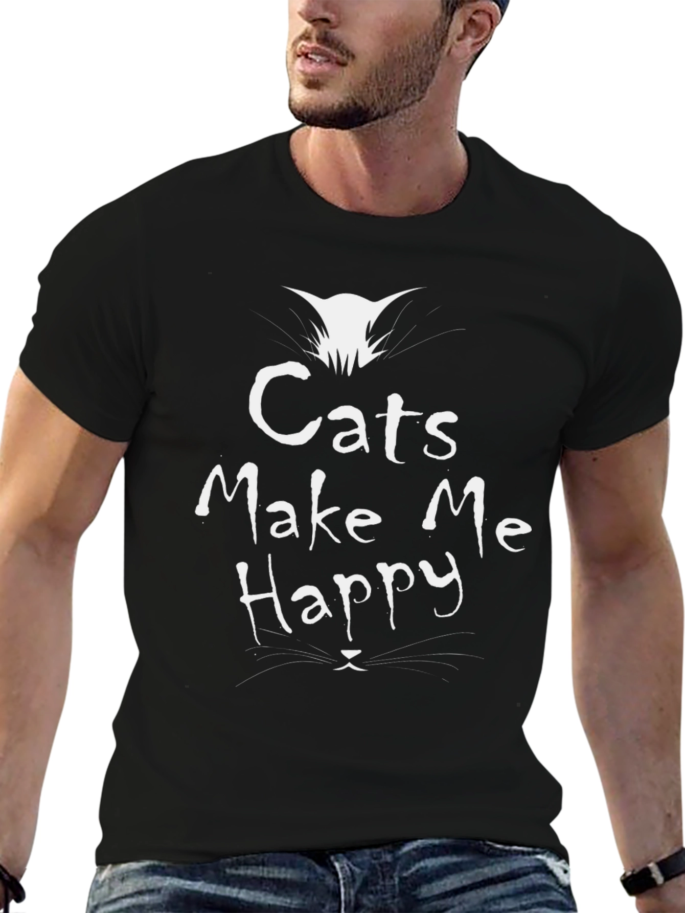 Cats Make Me Happy Graphic T-Shirt - Black