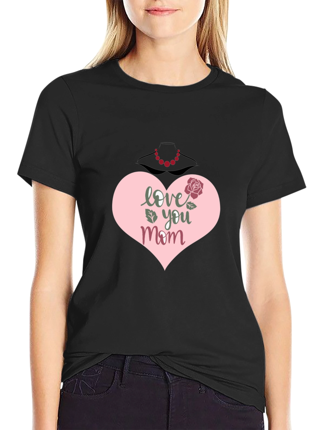Love You Mom T-Shirt - Heart & Rose Design