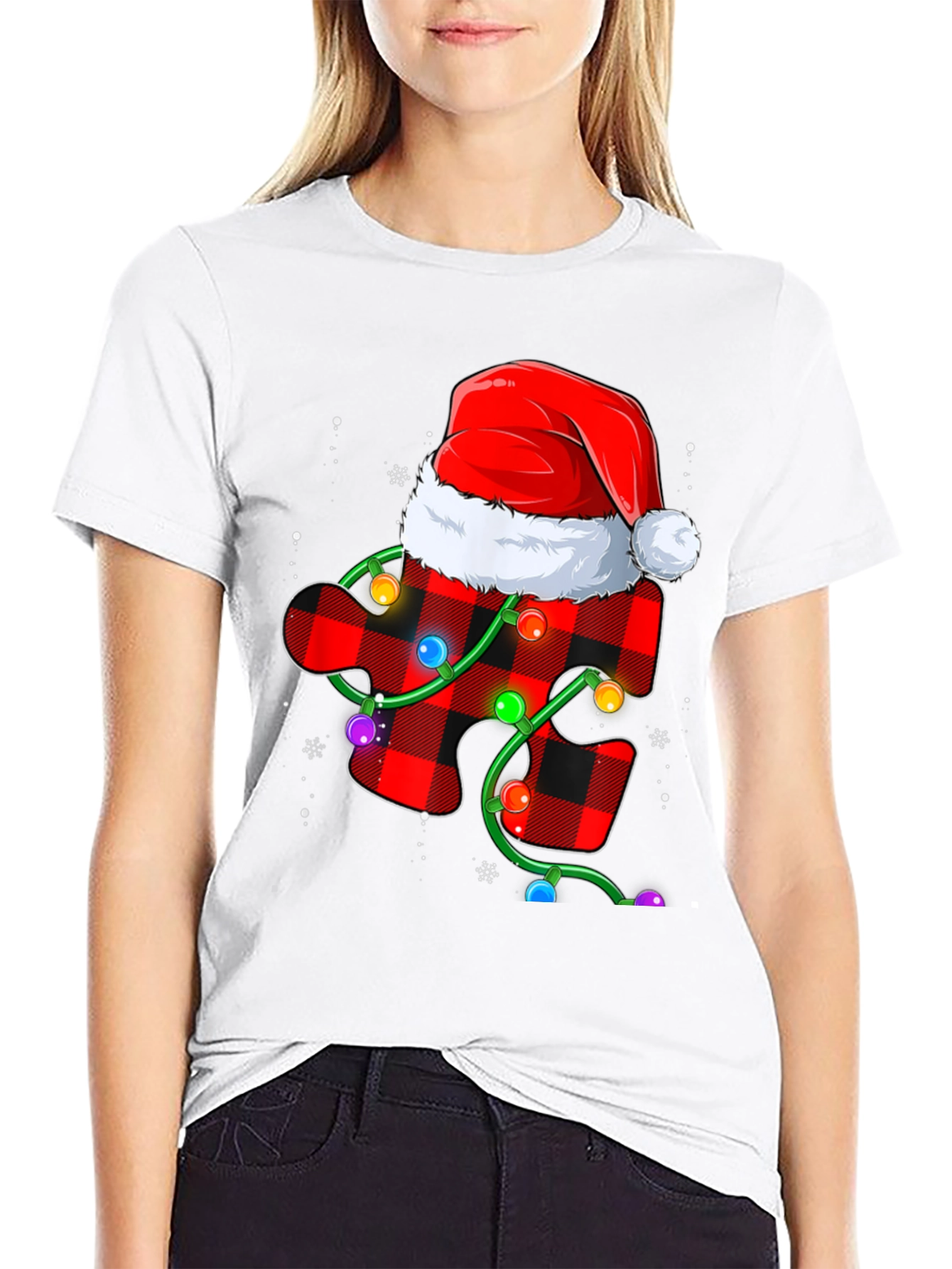 Christmas Autism Awareness Buffalo Plaid Puzzle T-Shirt
