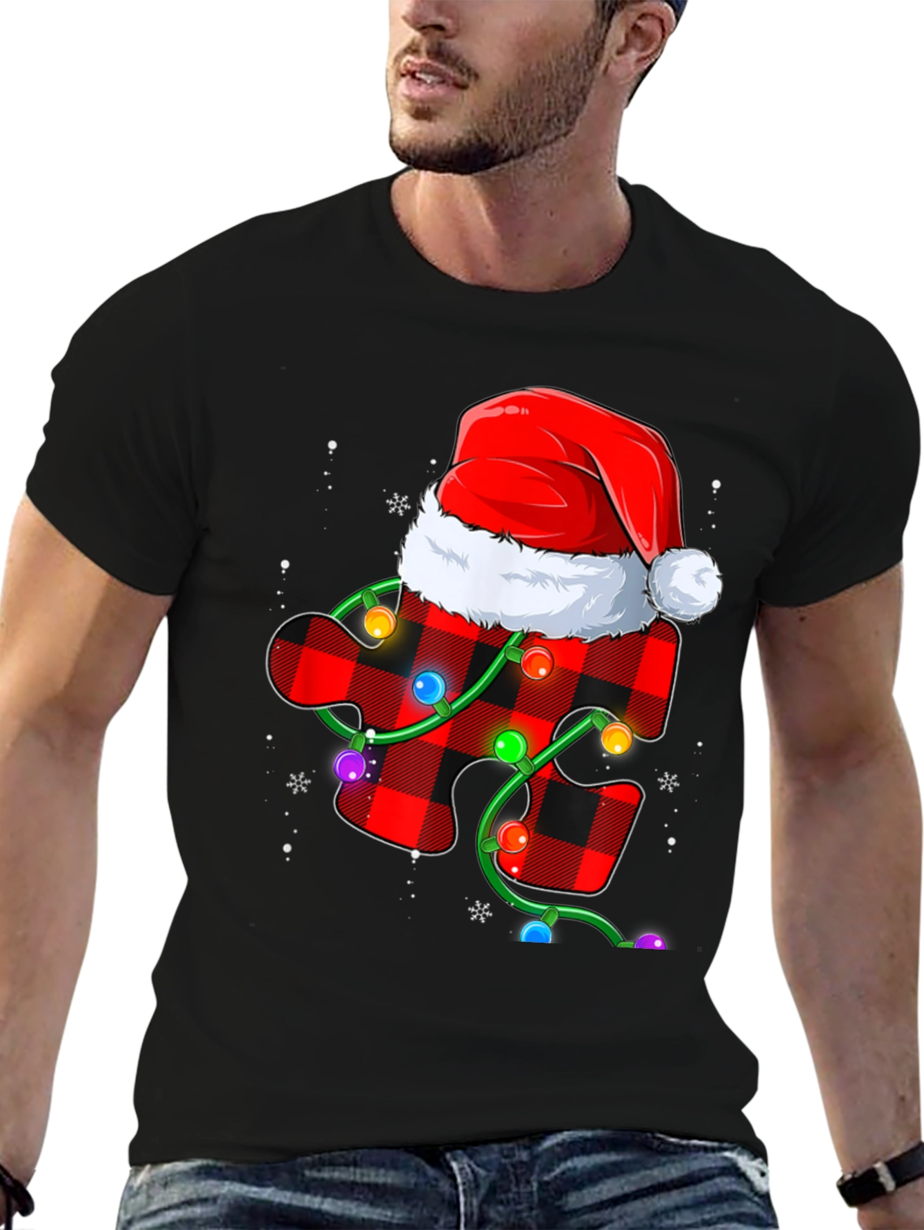 Christmas Autism Awareness Buffalo Plaid Puzzle T-Shirt