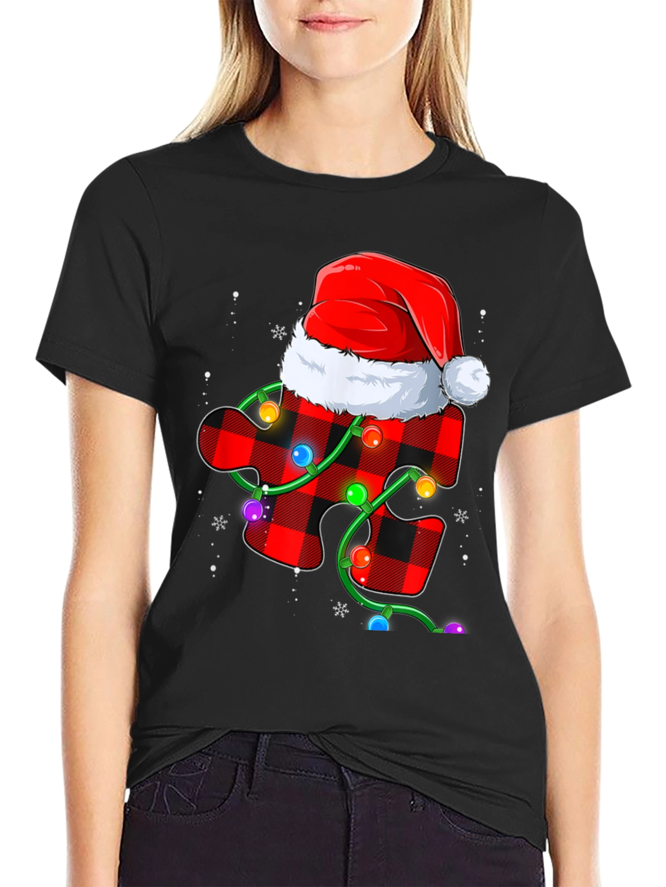 Christmas Autism Awareness Buffalo Plaid Puzzle T-Shirt