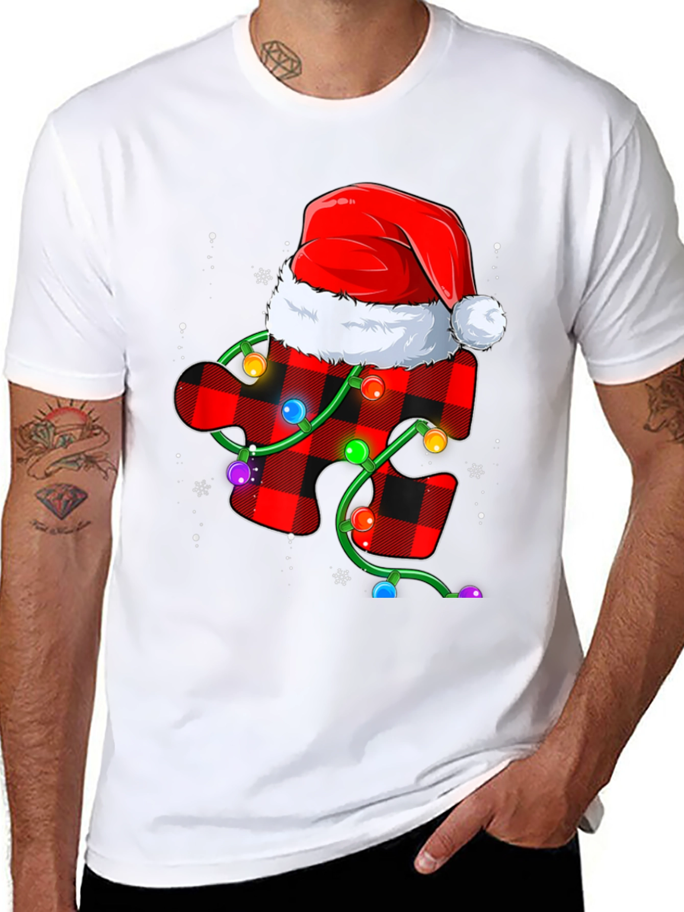Christmas Autism Awareness Buffalo Plaid Puzzle T-Shirt