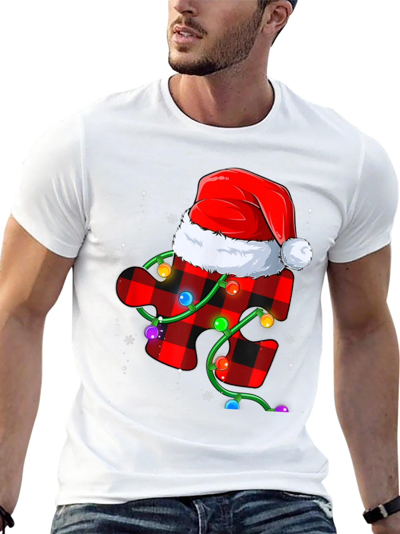 Christmas Autism Awareness Buffalo Plaid Puzzle T-Shirt