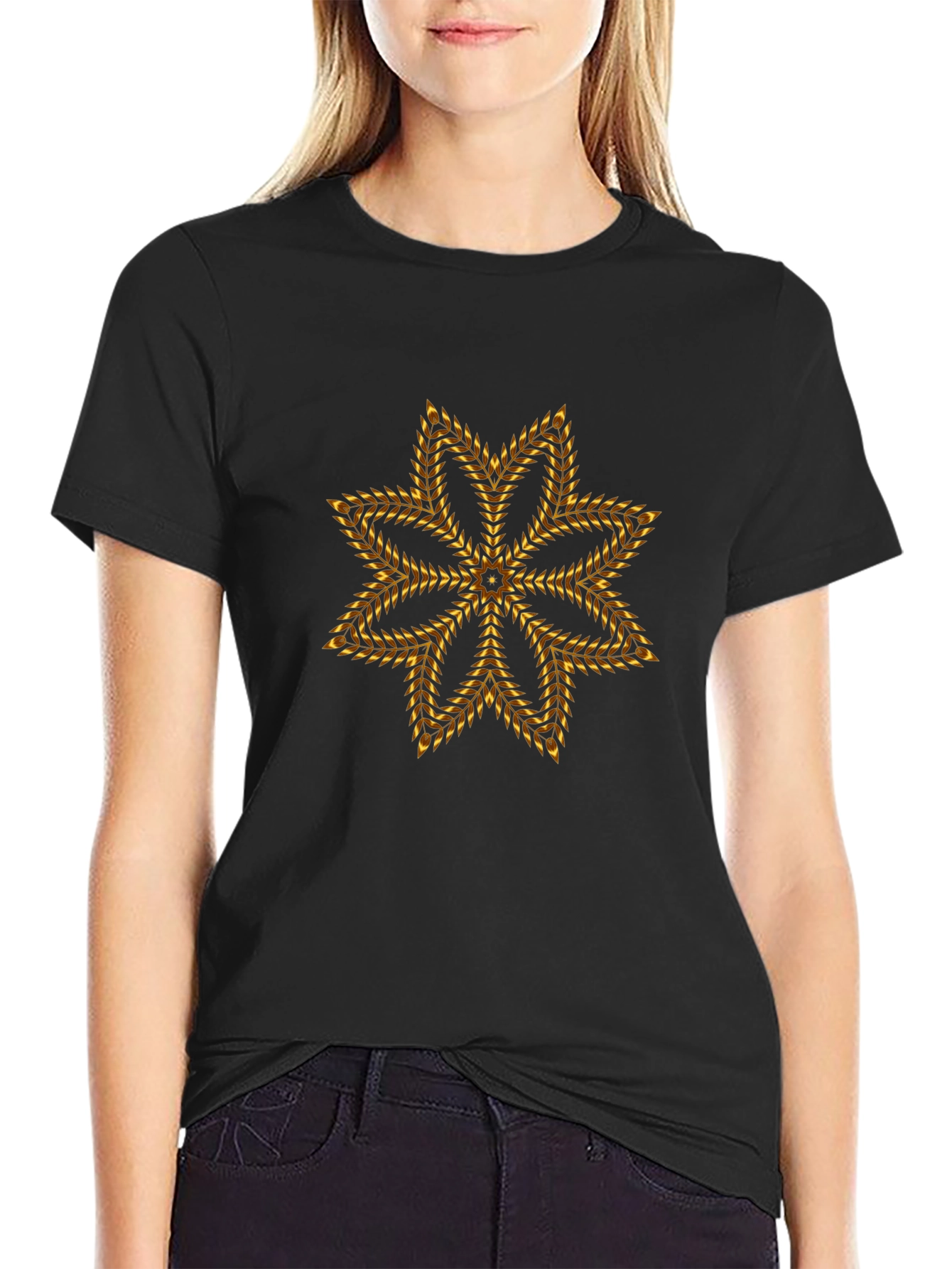 Geometric Gold Floral Star Black T-Shirt