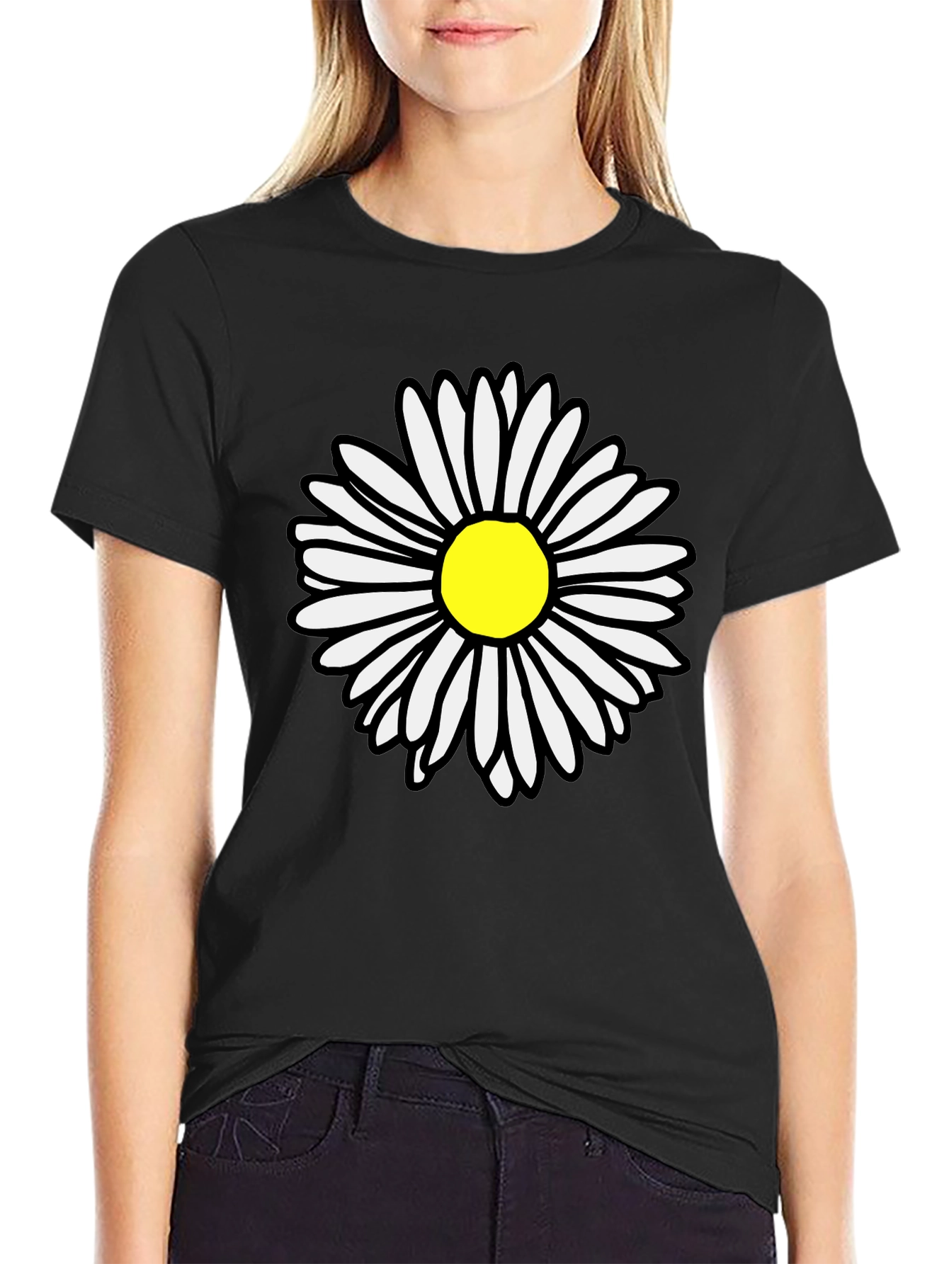 Daisy Graphic T-Shirt - Black Cotton Casual Tee