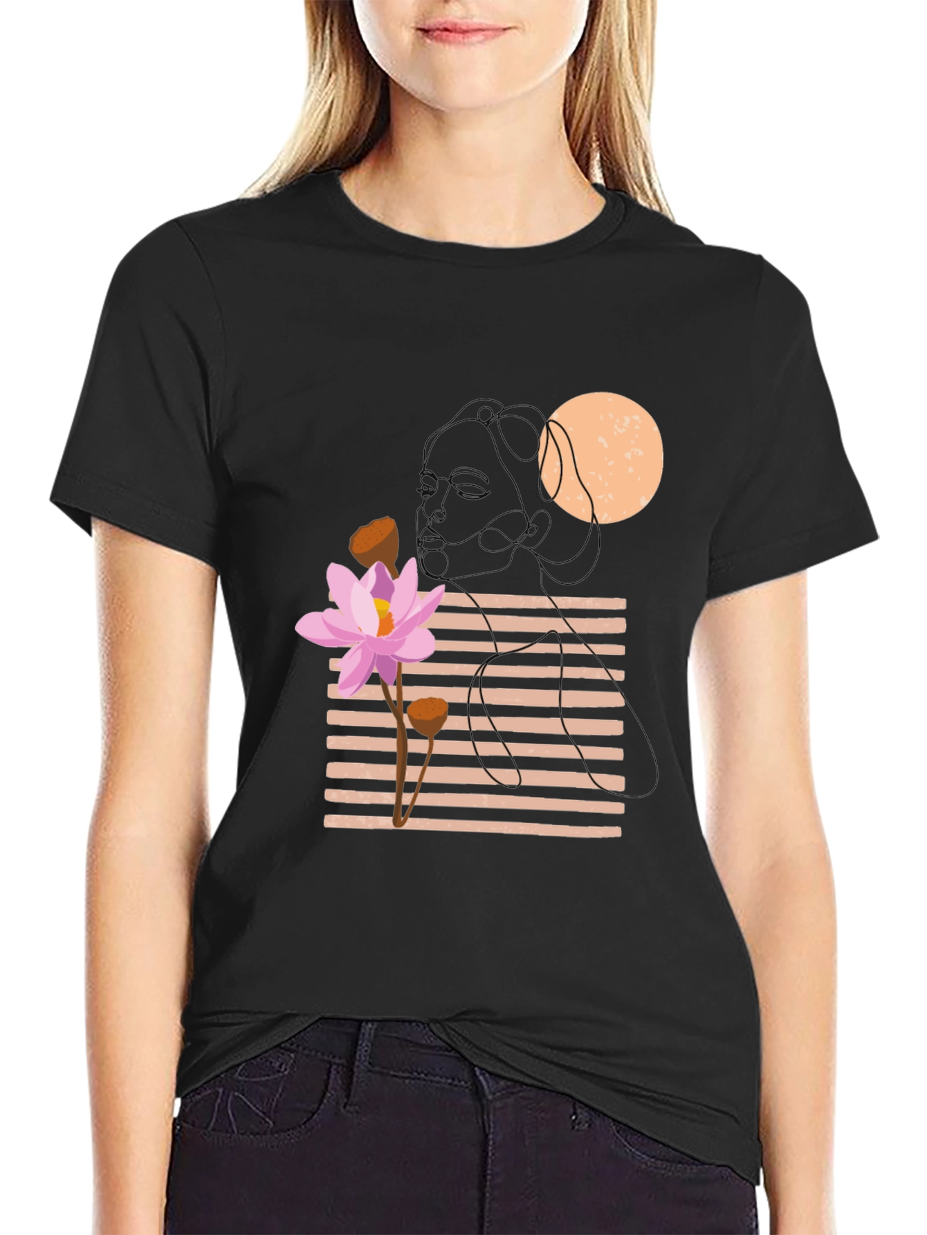 Lotus Graphic Tee - Black Cotton Casual T-Shirt