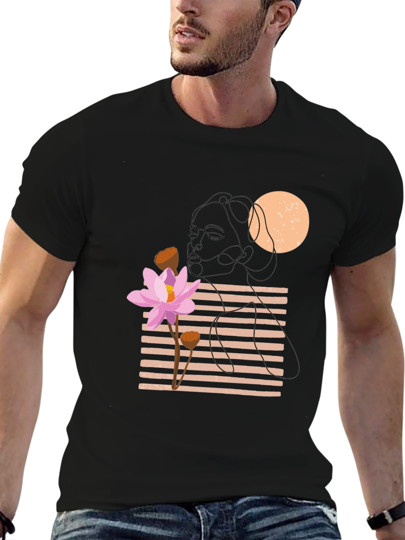 Lotus Graphic Tee - Black Cotton Casual T-Shirt