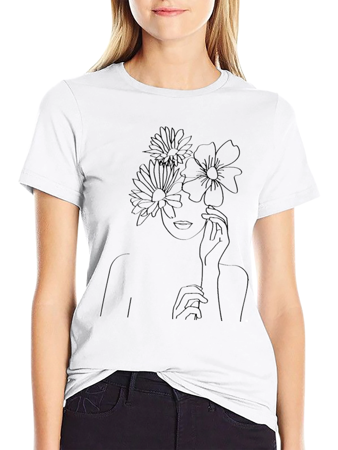 Floral Woman Line Art Graphic Tee
