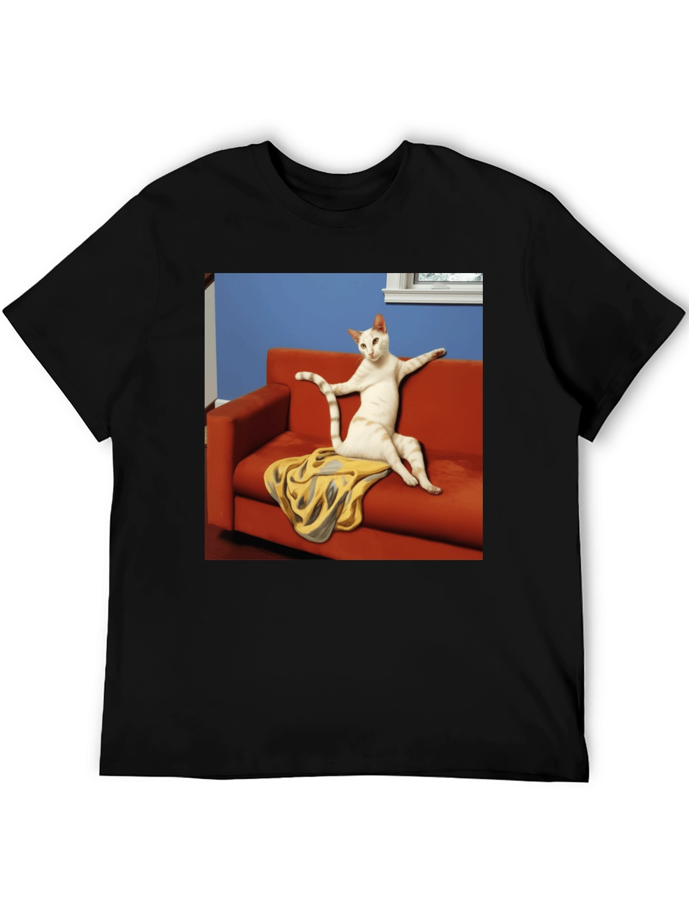 Funny Cat on Couch Black T-Shirt