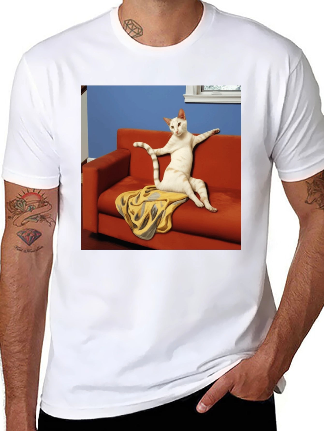 Funny Cat on Couch Black T-Shirt
