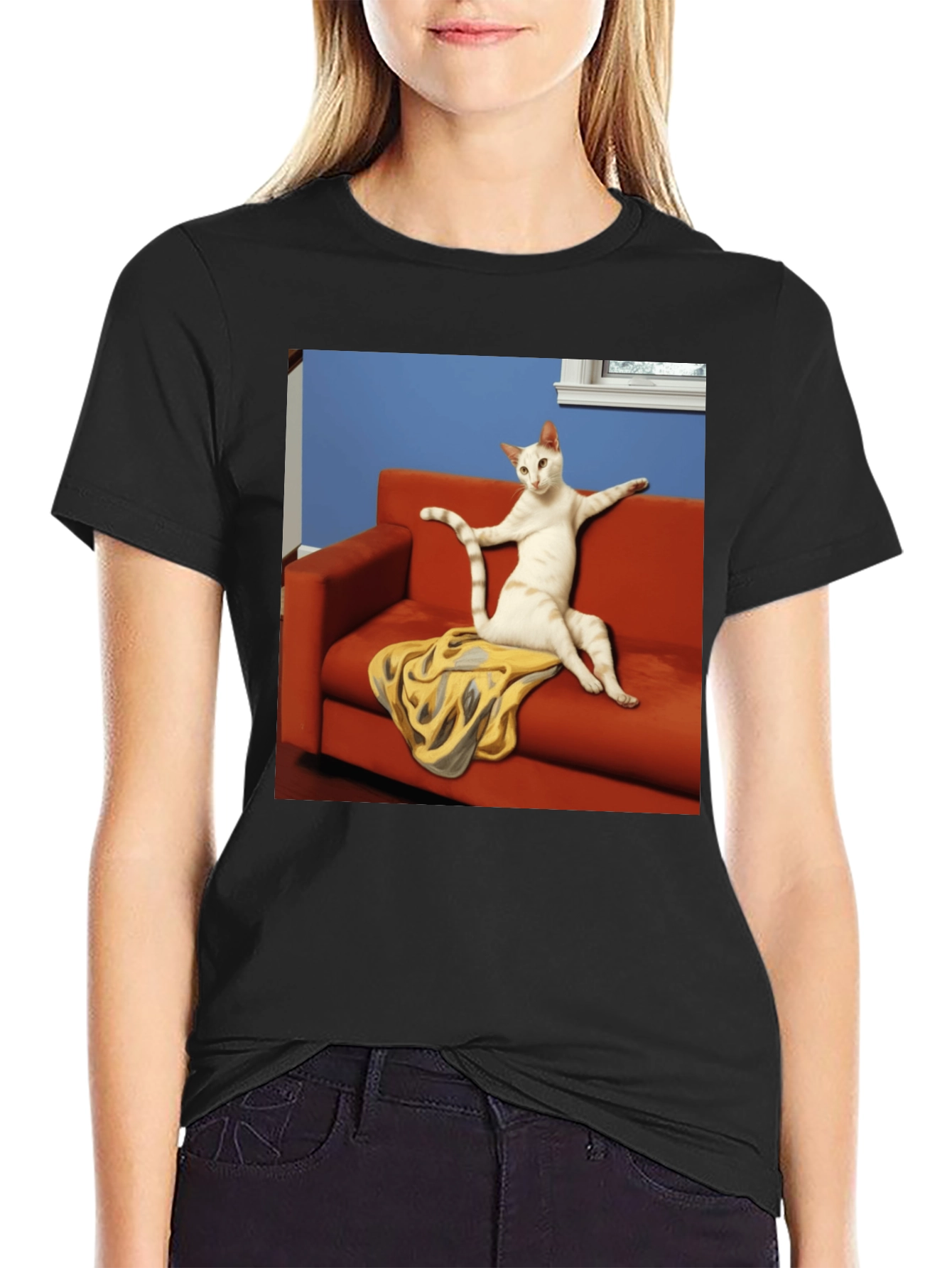 Funny Cat on Couch Black T-Shirt