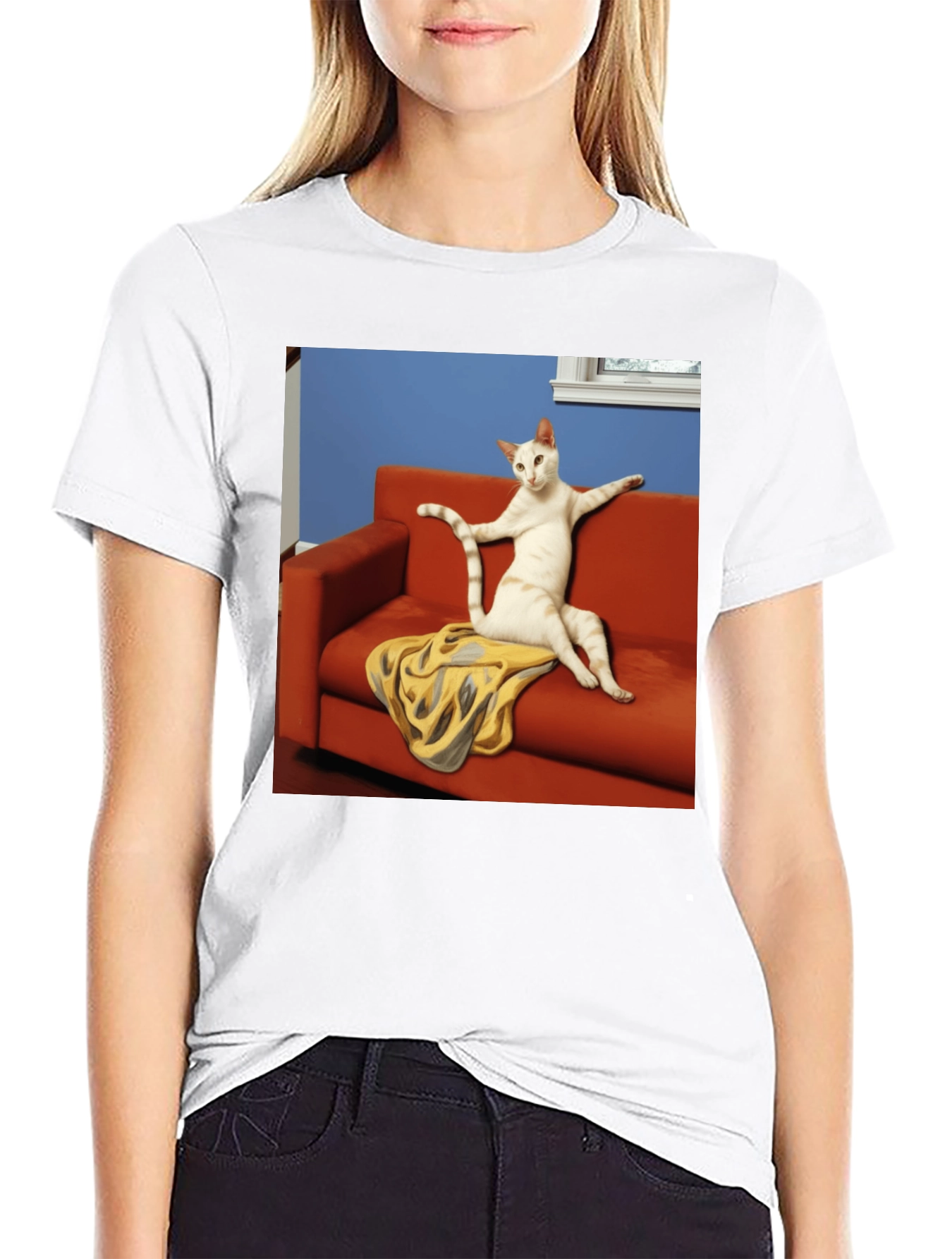 Funny Cat on Couch Black T-Shirt