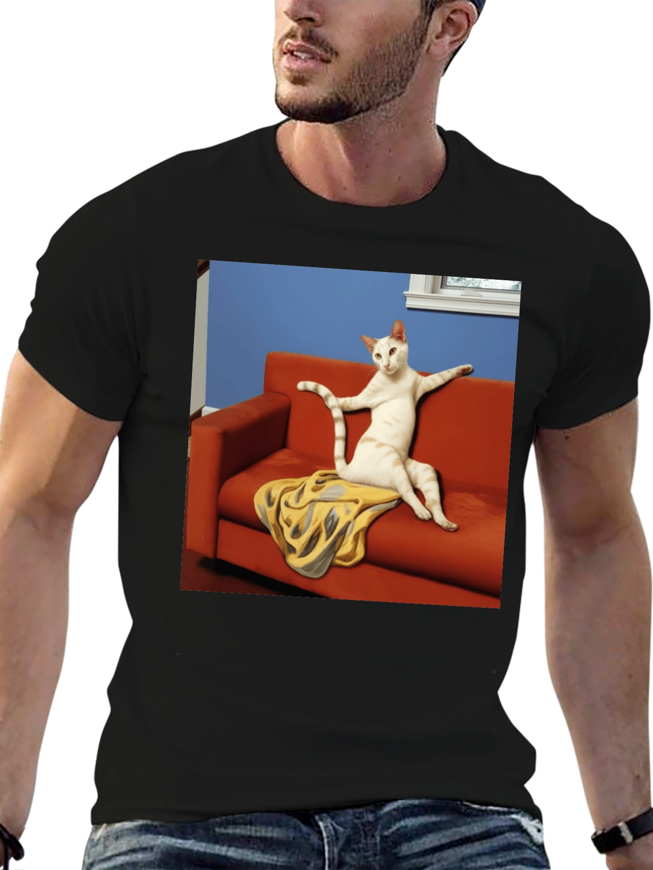 Funny Cat on Couch Black T-Shirt