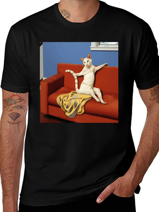 Funny Cat on Couch Black T-Shirt