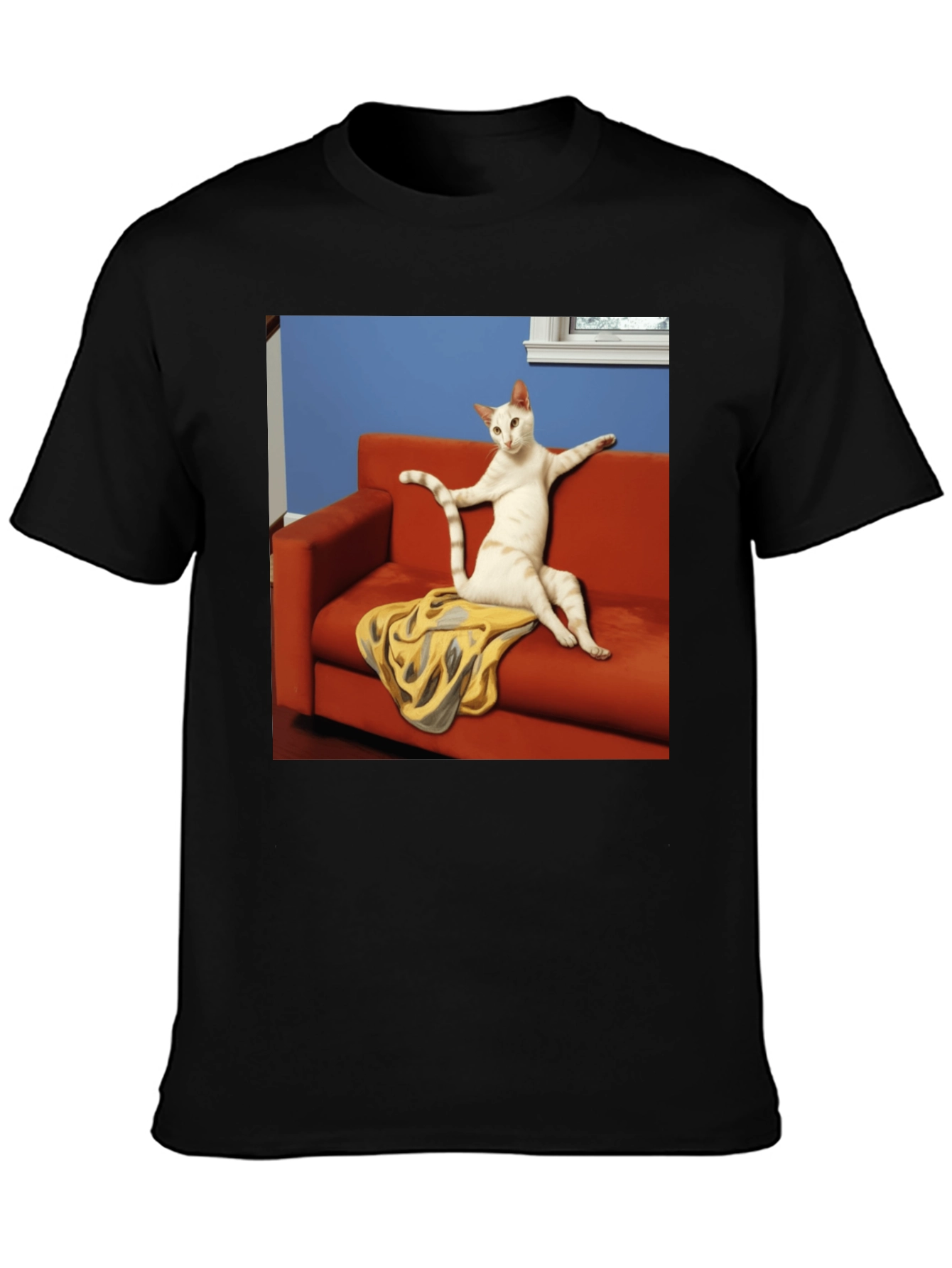 Funny Cat on Couch Black T-Shirt