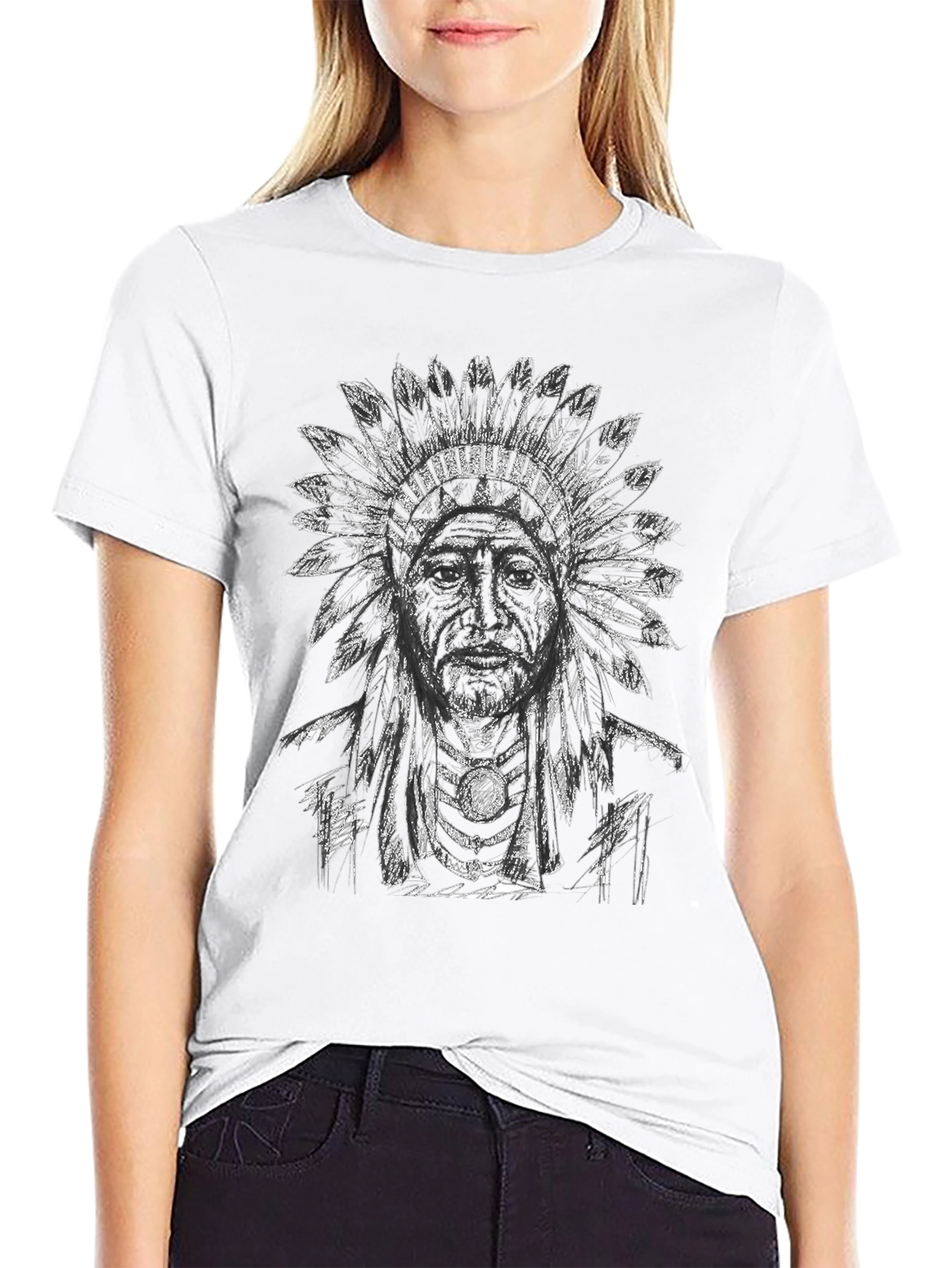 Native American Chief Graphic T-Shirt - Black Cotton Tee