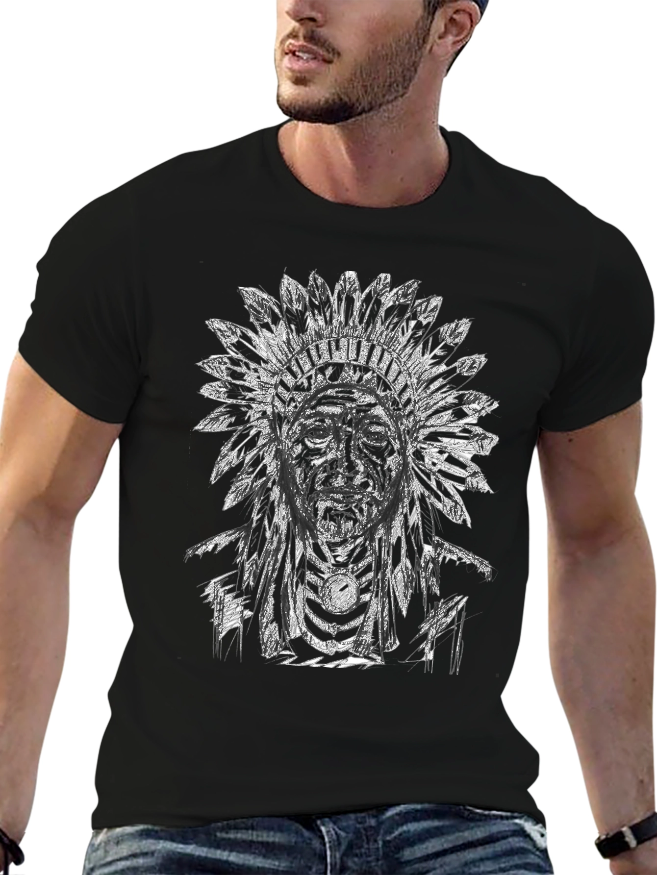 Native American Chief Graphic T-Shirt - Black Cotton Tee