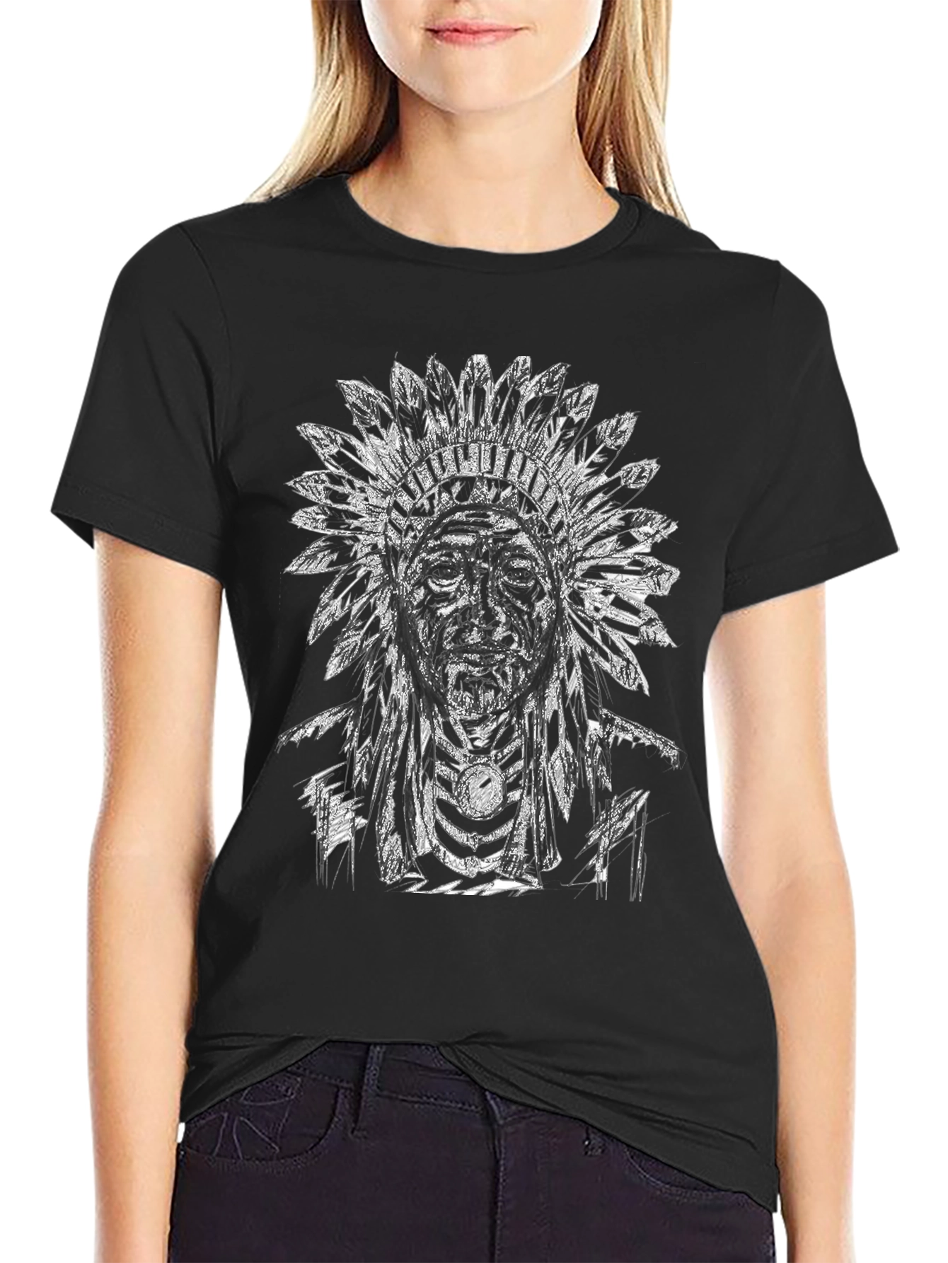Native American Chief Graphic T-Shirt - Black Cotton Tee