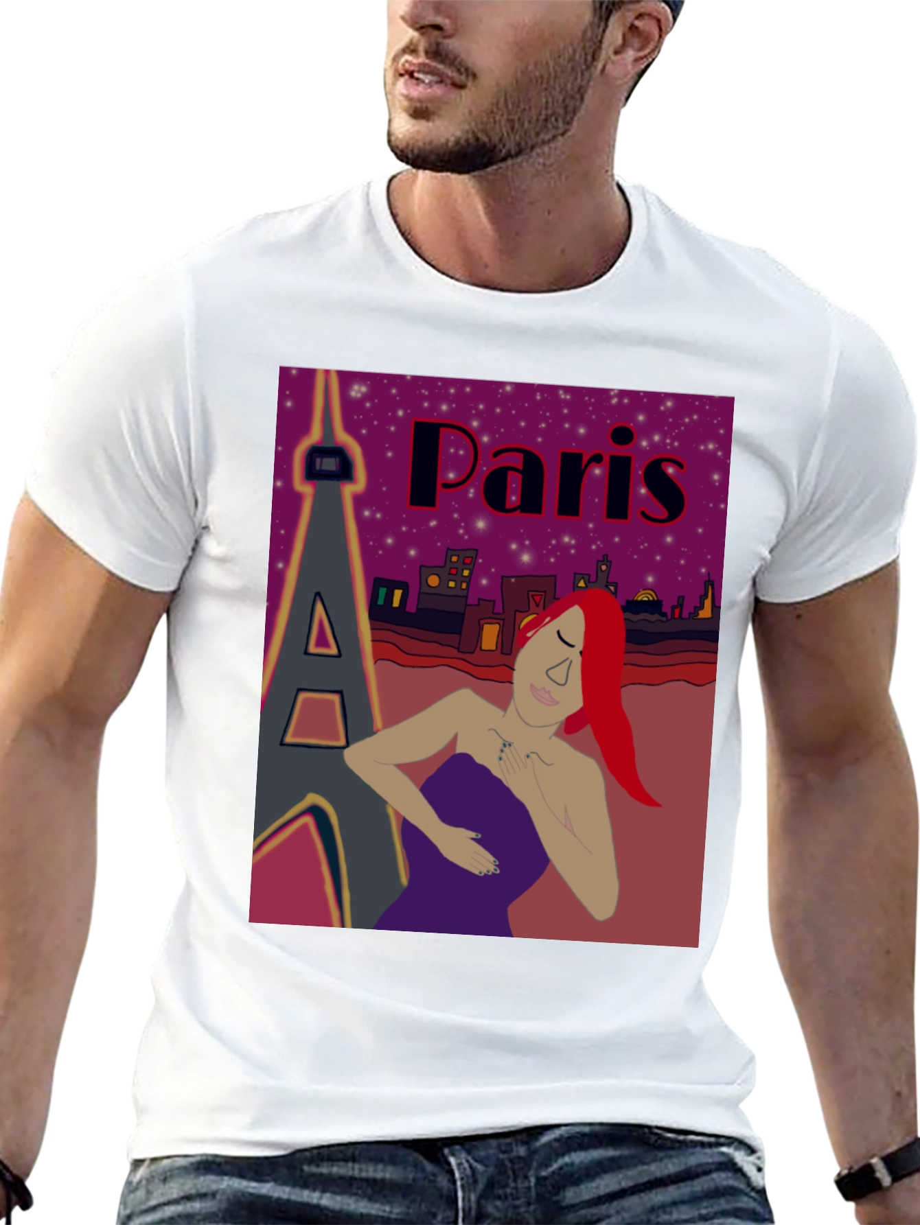 Parisian Dreamscape T-Shirt - Eiffel Tower and Redhead Design