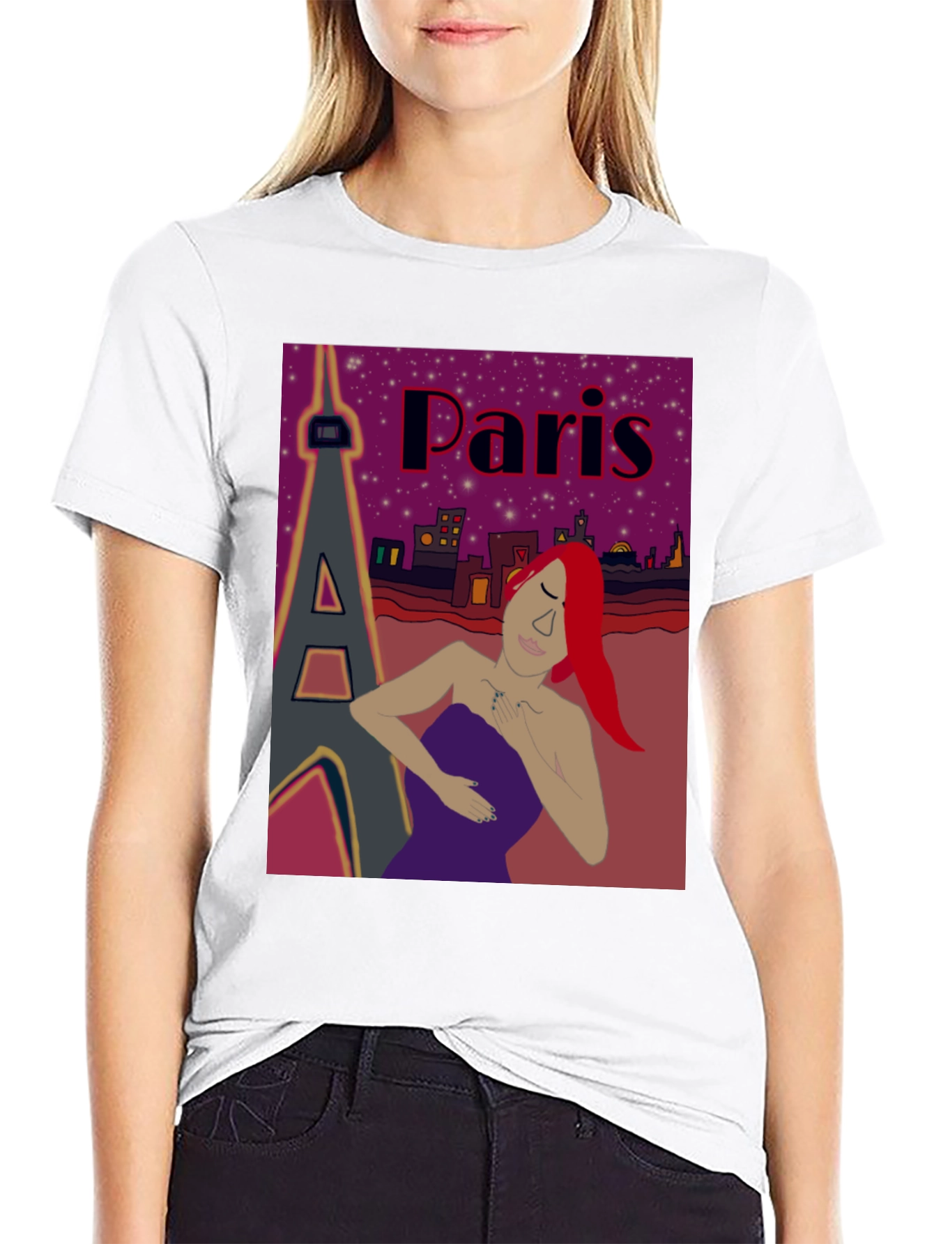Parisian Dreamscape T-Shirt - Eiffel Tower and Redhead Design