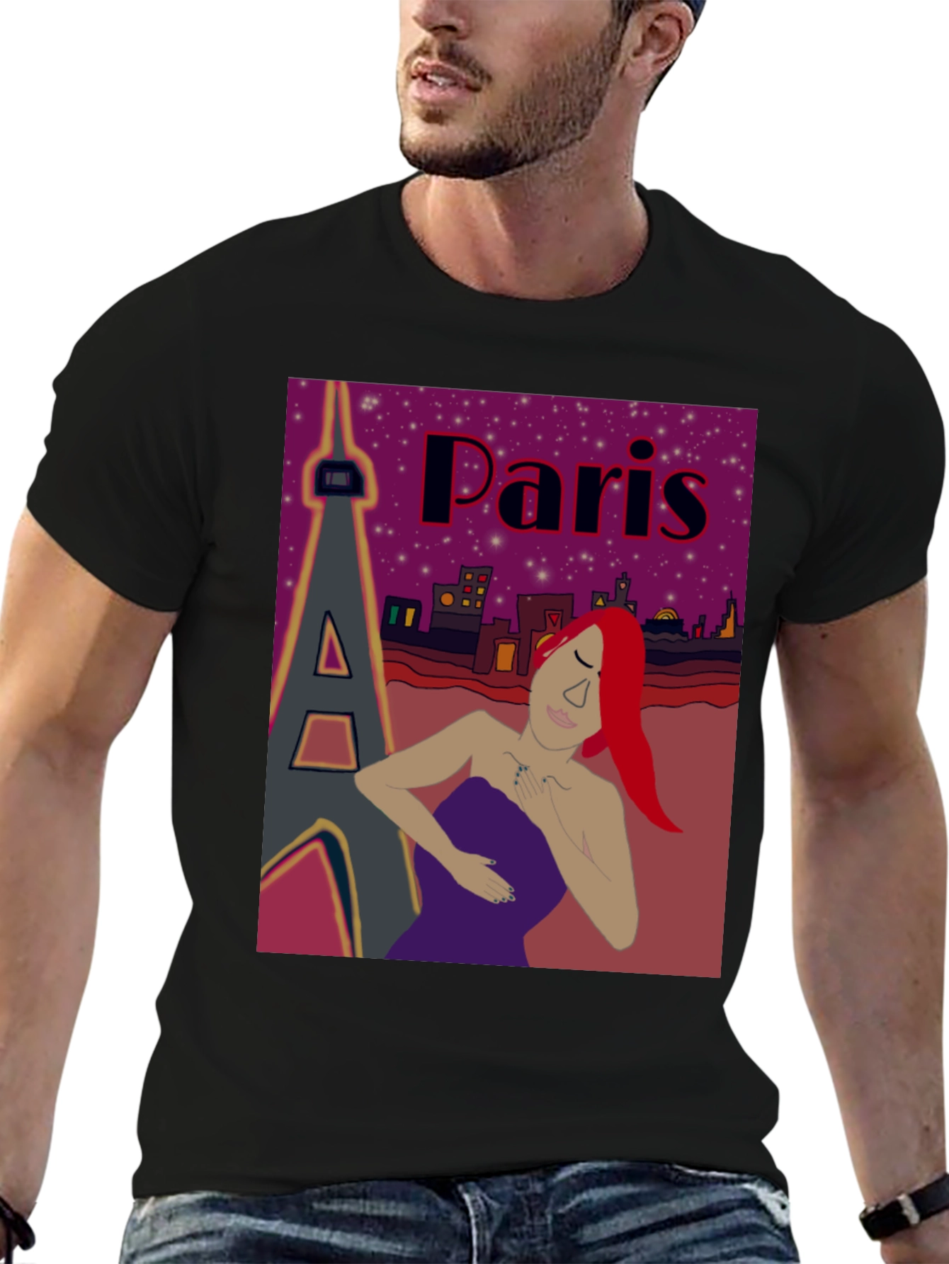 Parisian Dreamscape T-Shirt - Eiffel Tower and Redhead Design