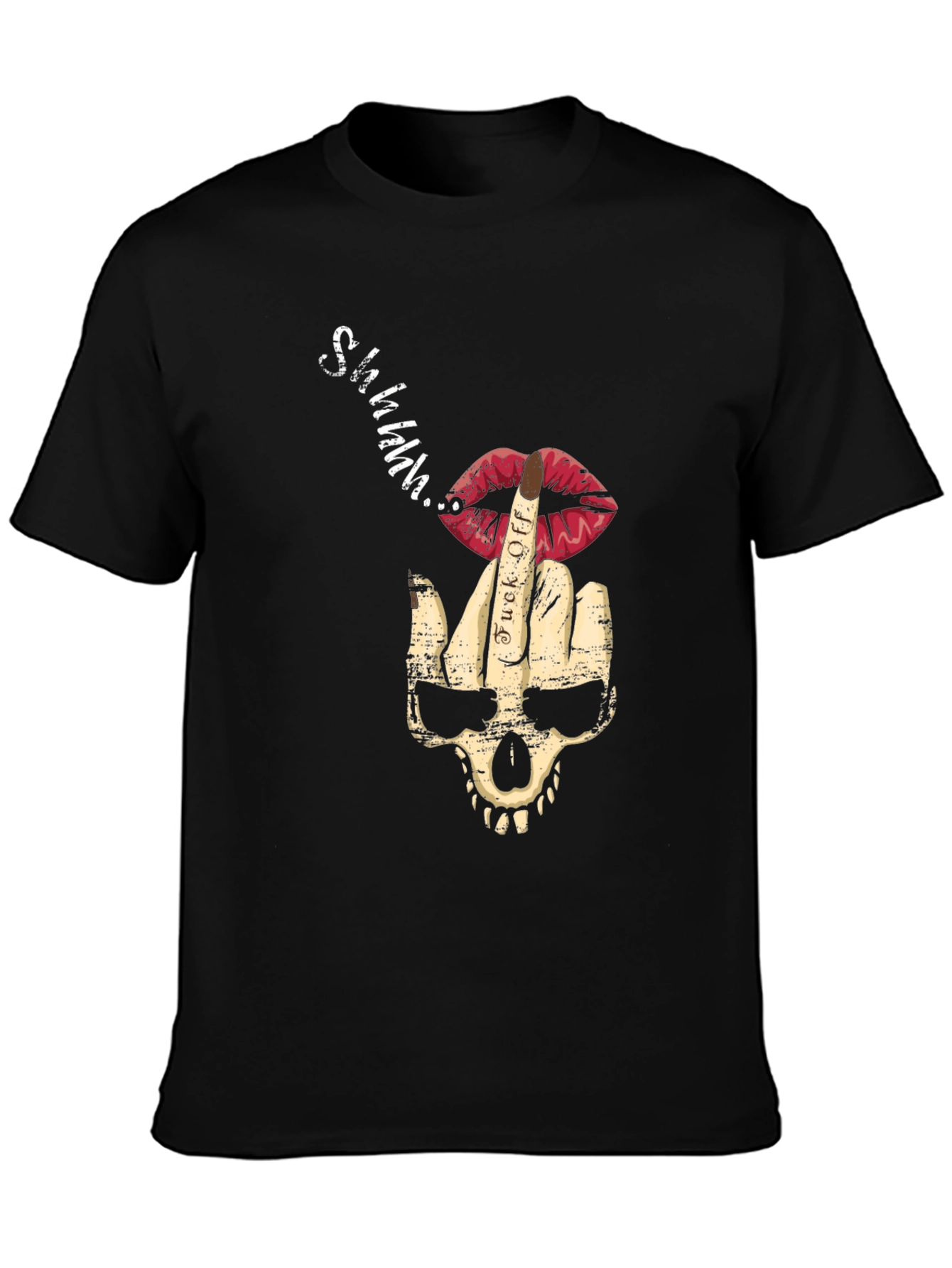 Skull Middle Finger Lips Mens Black Graphic T-Shirt