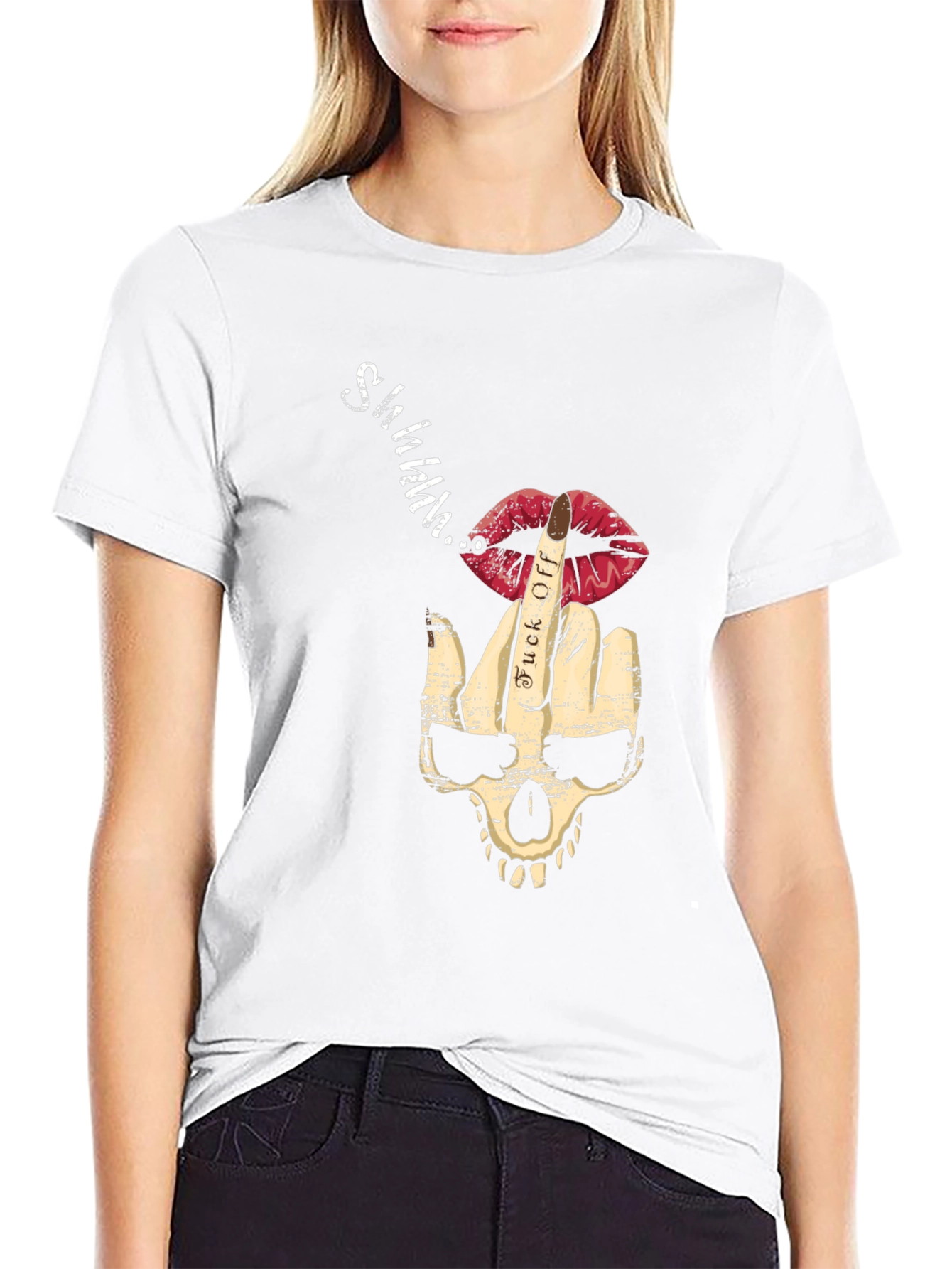 Skull Middle Finger Lips Mens Black Graphic T-Shirt