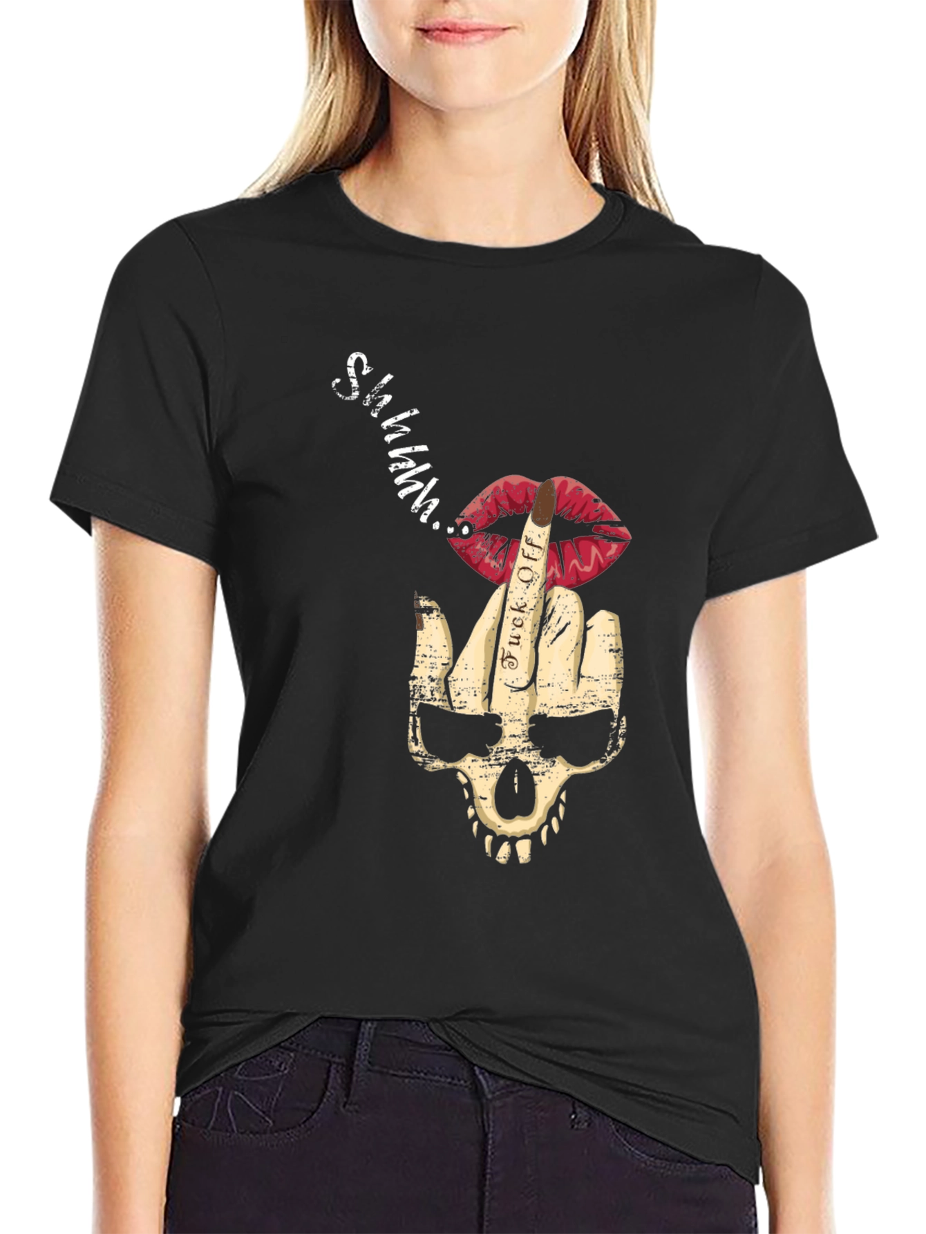 Skull Middle Finger Lips Mens Black Graphic T-Shirt