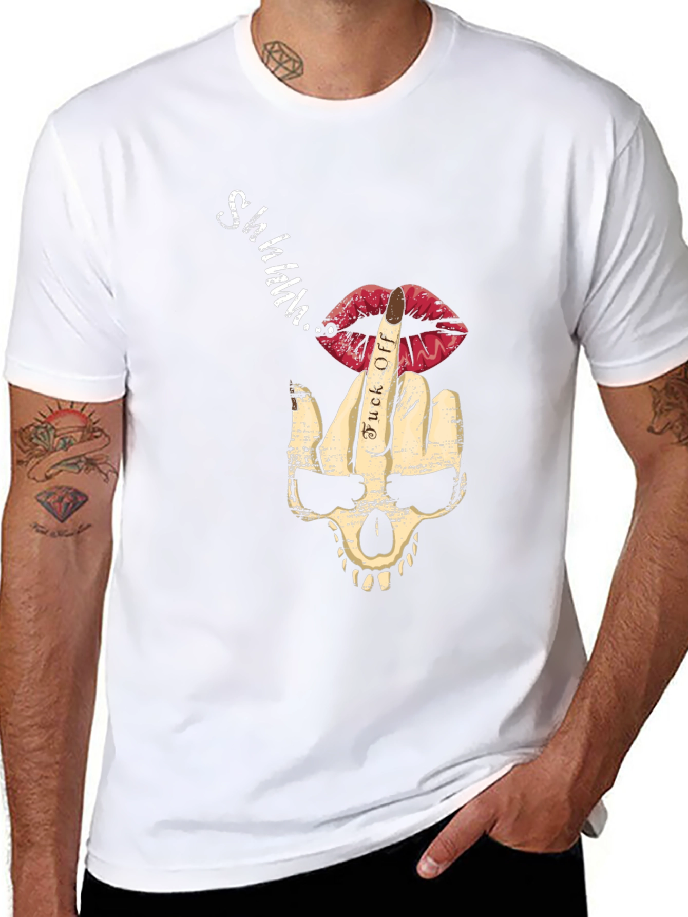 Skull Middle Finger Lips Mens Black Graphic T-Shirt